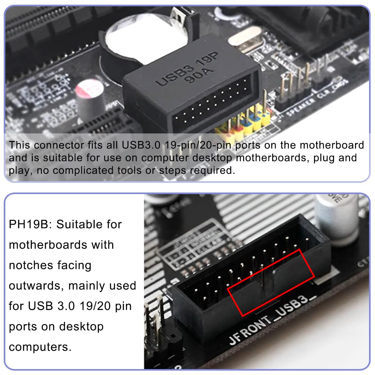 2 szt. Płyta główna USB 3.0 19/20 Pin 90 Degree Adapter, męski do żeńskiego typu L Turn Right Angle Socket Extension Adapter, do płyty głównej komputera stacjonarnego (Down Angle PH19B)
