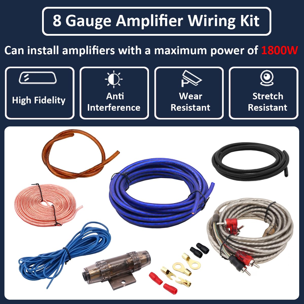 8GA Kit Cavi Amplificatore per Auto 8AWG Set di Cavo per Amplificatori 1800W Cablaggio Completo Ampli Installazione Audio Subwoofer Stereo Connettori RCA Altoparlanti