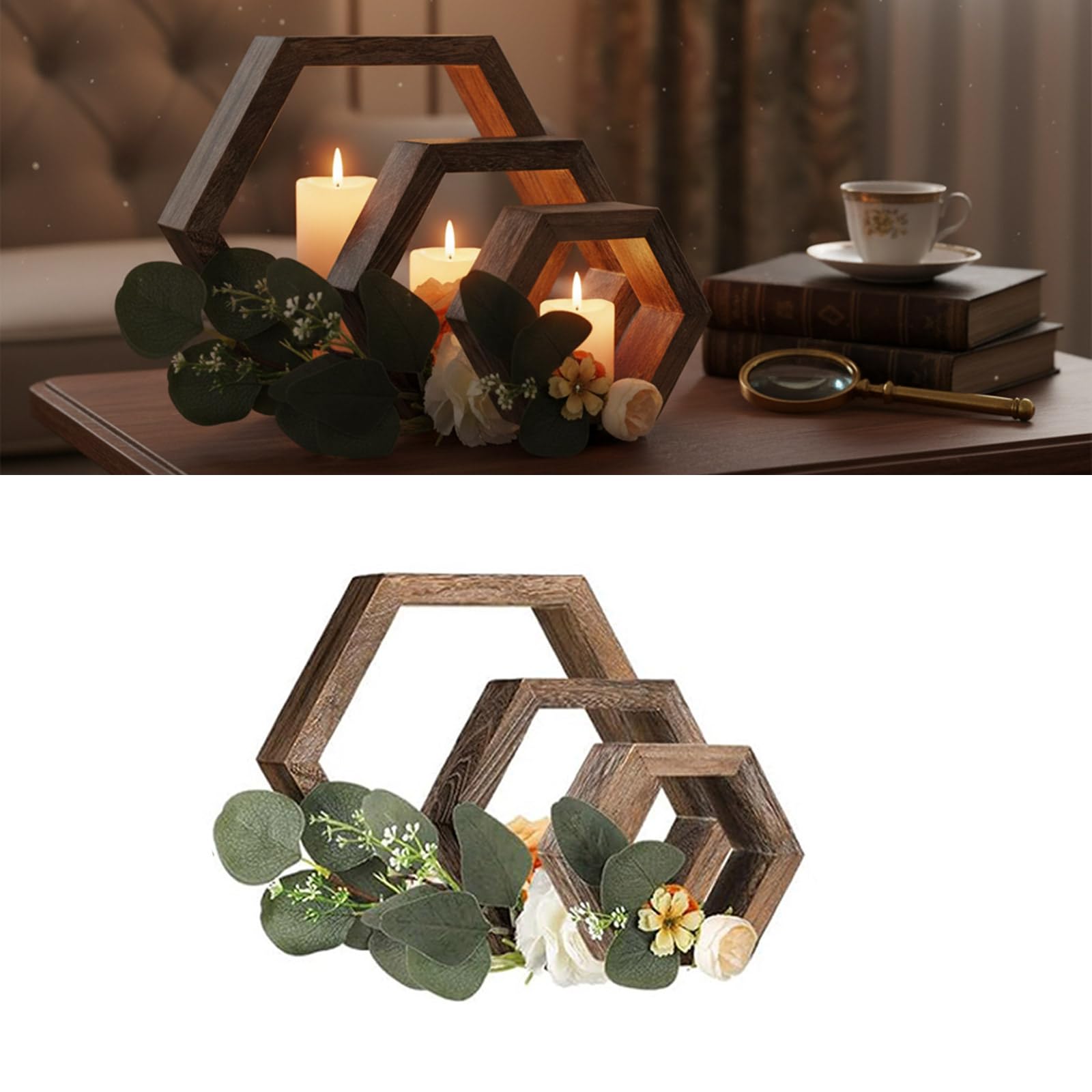 Paquete de 3 soportes hexagonales para velas de té, de madera maciza, decoración artística para el hogar, para bodas, mesas de comedor, decoración geométrica del hogar