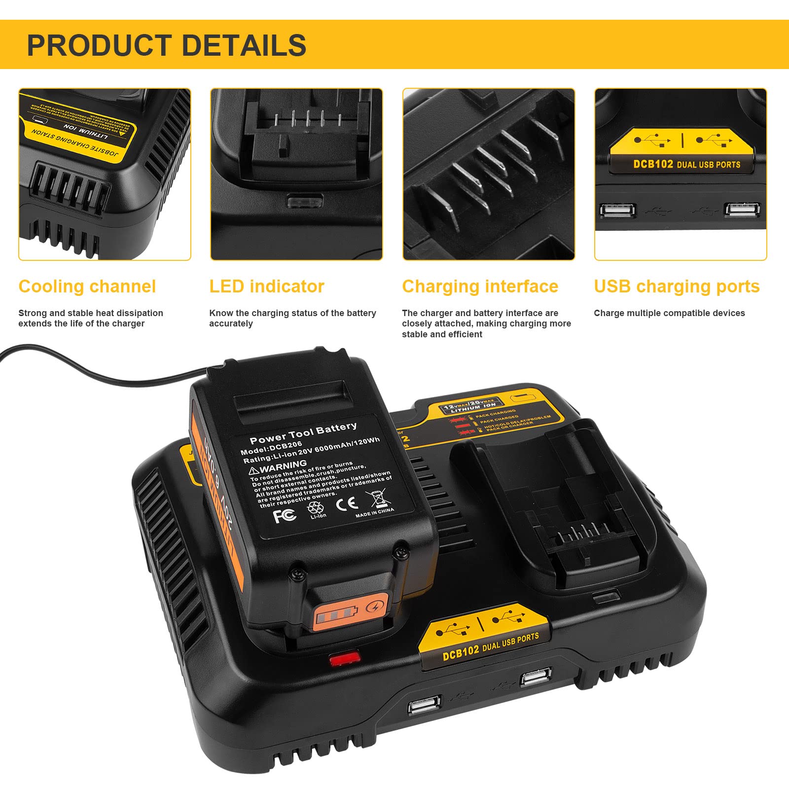 ASUNCELL 2 Porte Caricabatterie Compatibile con Dewalt DCB115 18V, 3,0 A Caricabatterie per Piattaforma XR Litio per Batterie 12V-20V Max, Compatibile con Dewalt Batteria(con 2 porte USB 2.1A)
