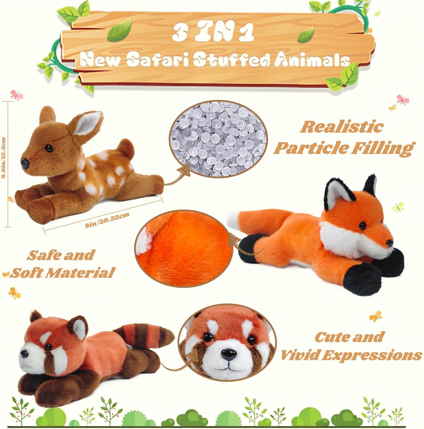 3-Pack 8" Woodland Plush Toys - Fox, Red Panda, Sika Deer Cuddly Stuffed Animals for Kids & Babies Holiday Birthday