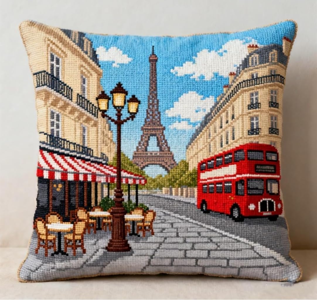 Nahuigood 11Ct Stamped Cross Stitch Pillow Kits,Paris Street Scene 45X45cm Embroidery Pillowcase Counted Needlepoint Handmade Cushion Cover Cross Stitch Cushion Cover Embroidery Kit Pillow Cases
