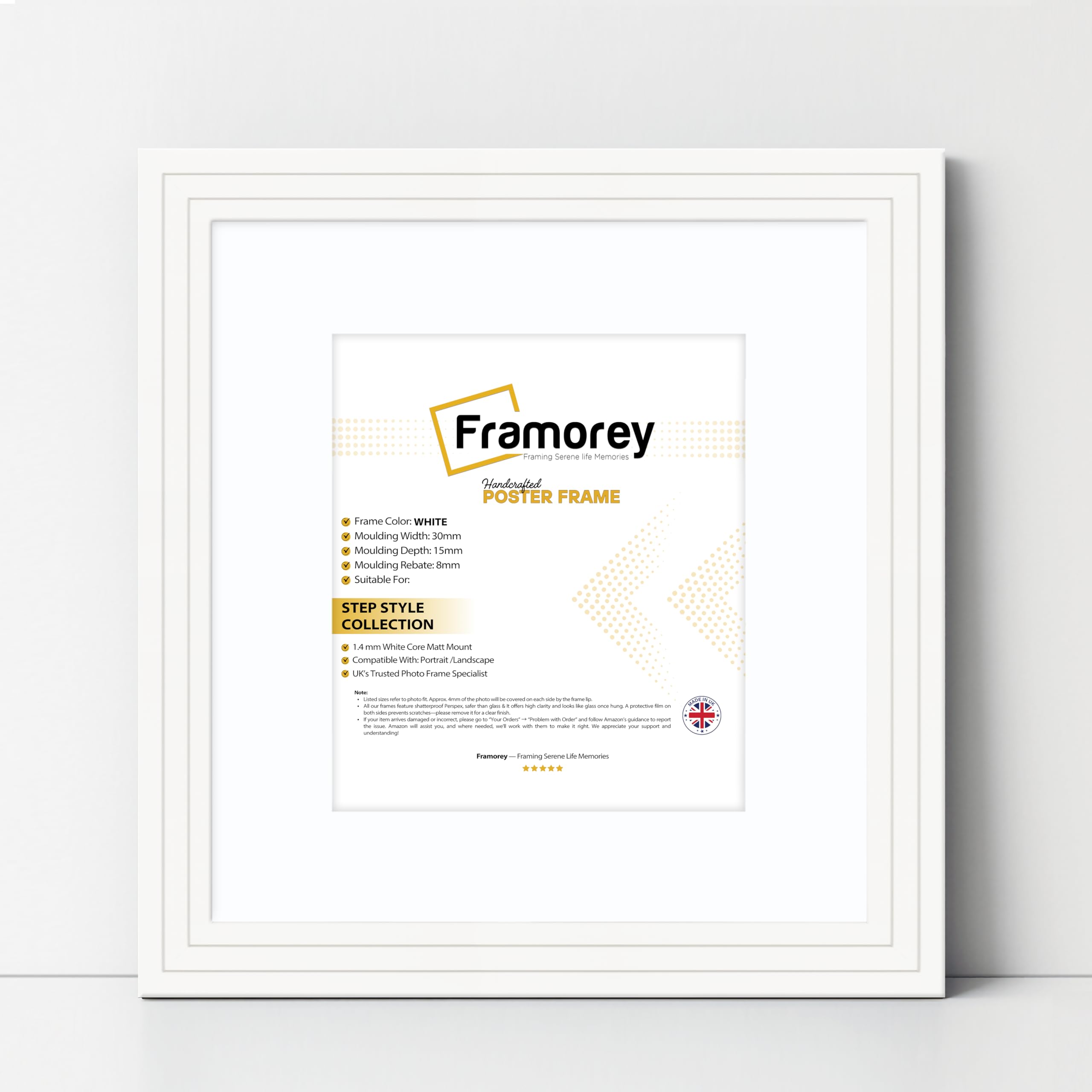 FRAMOREY Oxford Step Style Wooden Effect Picture Frame, 13x13" Square Size White Photo Frame With 11x11" Size White Mount, Wall Hanging Frames, Personalized Frames