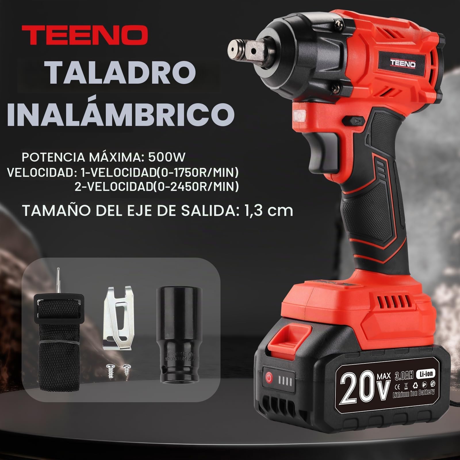TEENO Kit 3 Herramientas 20V Llave de Impacto Inalámbrica sin Escobillas, Taladro Percutor, Amoladora Angular sin Escobillas, Baterías 2x 3,0 Ah