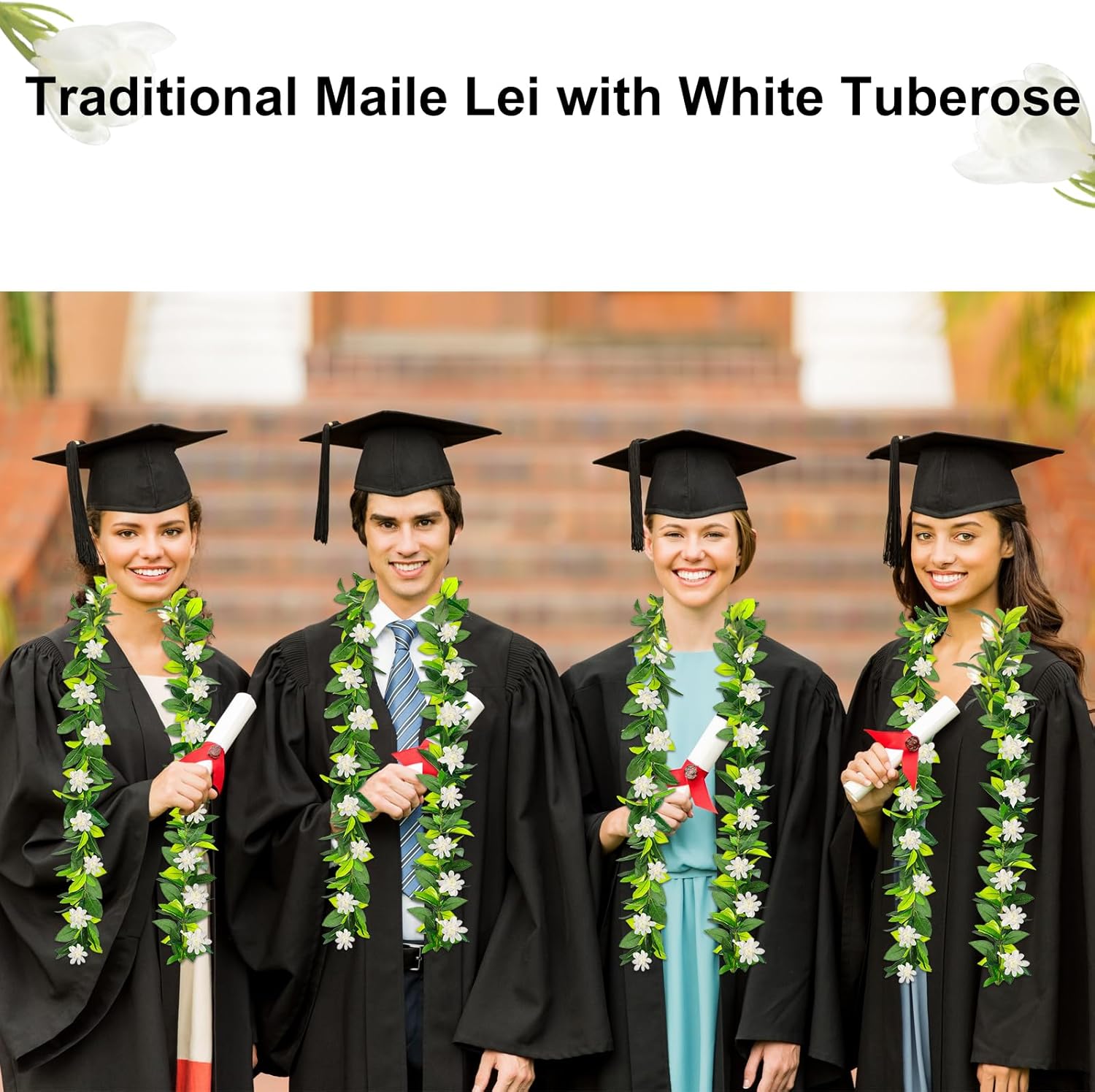 Lebaley 2PCS 2026 Graduation Lei 6ft Hawaiian Traditional Maile Lei with White Tuberose Graduation Gift Green Leaf Flower Necklace Hawaiian Lei Traditional Green Lei for Student School Ceremony Party