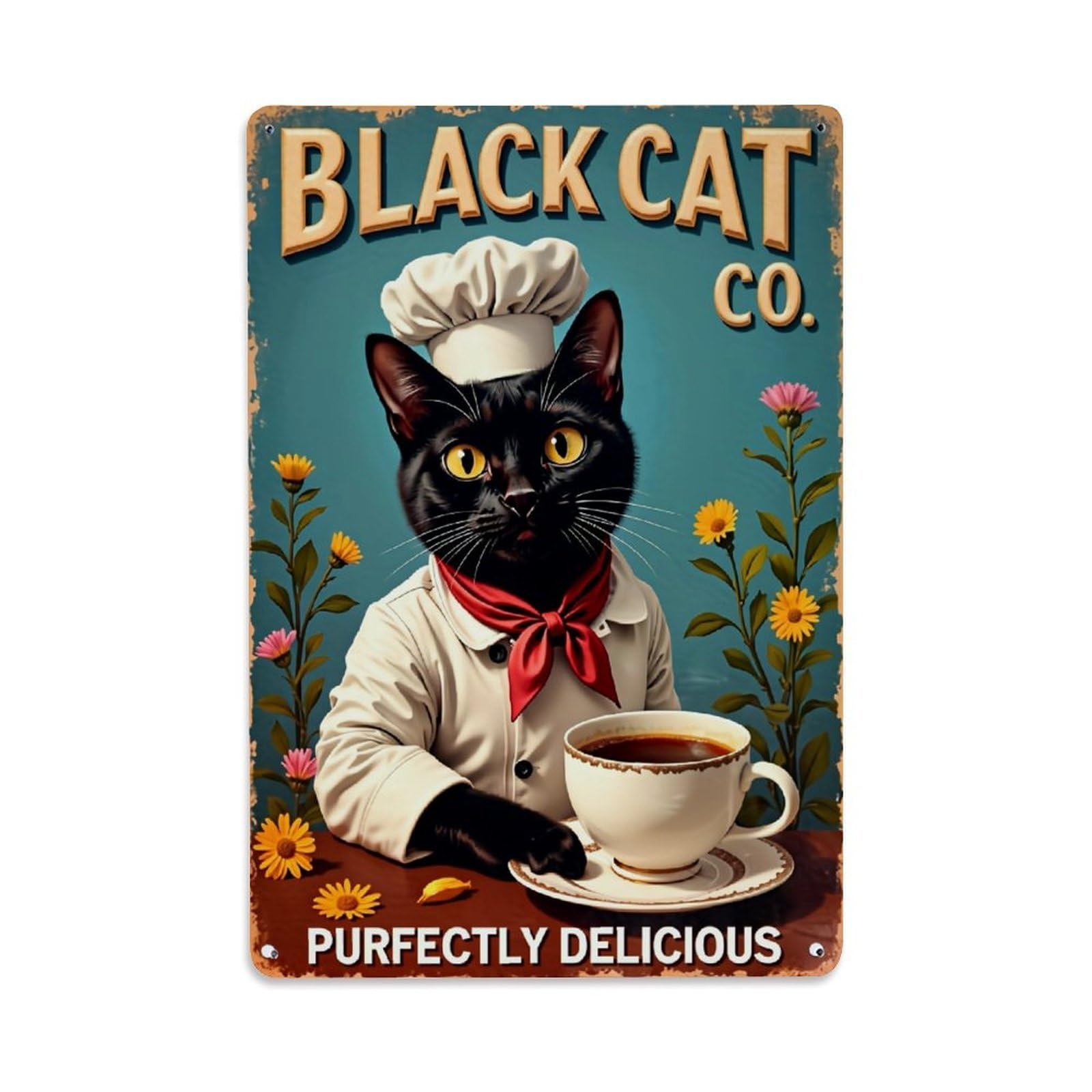 Bliveurn Vintage Black Cat Chef Coffee Poster Retro Metal Tin Sign, Metal Poster For Home, Gaming Room, Studio Workshop,Bar,Garage Wall Art Decor 8X12 Inch