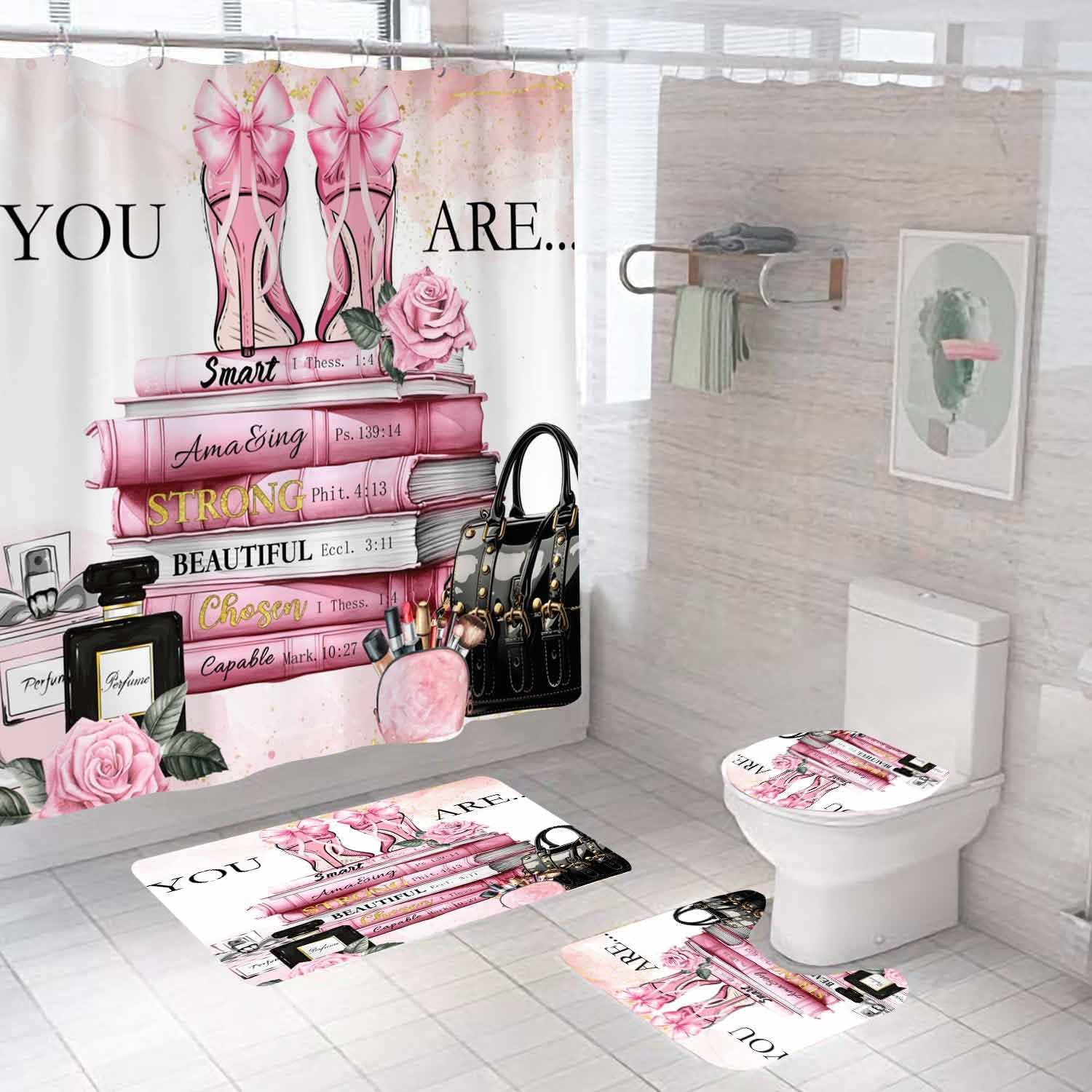 4PCS Fashion Shower Curtain Sets With Rugs, Inspirational Quotes Motivational Pink Bow Bowknot High Heels Rose Floral Leaves Books Lipstick Perfume Makeup Black Bag Modern Girly Bathroom Decor