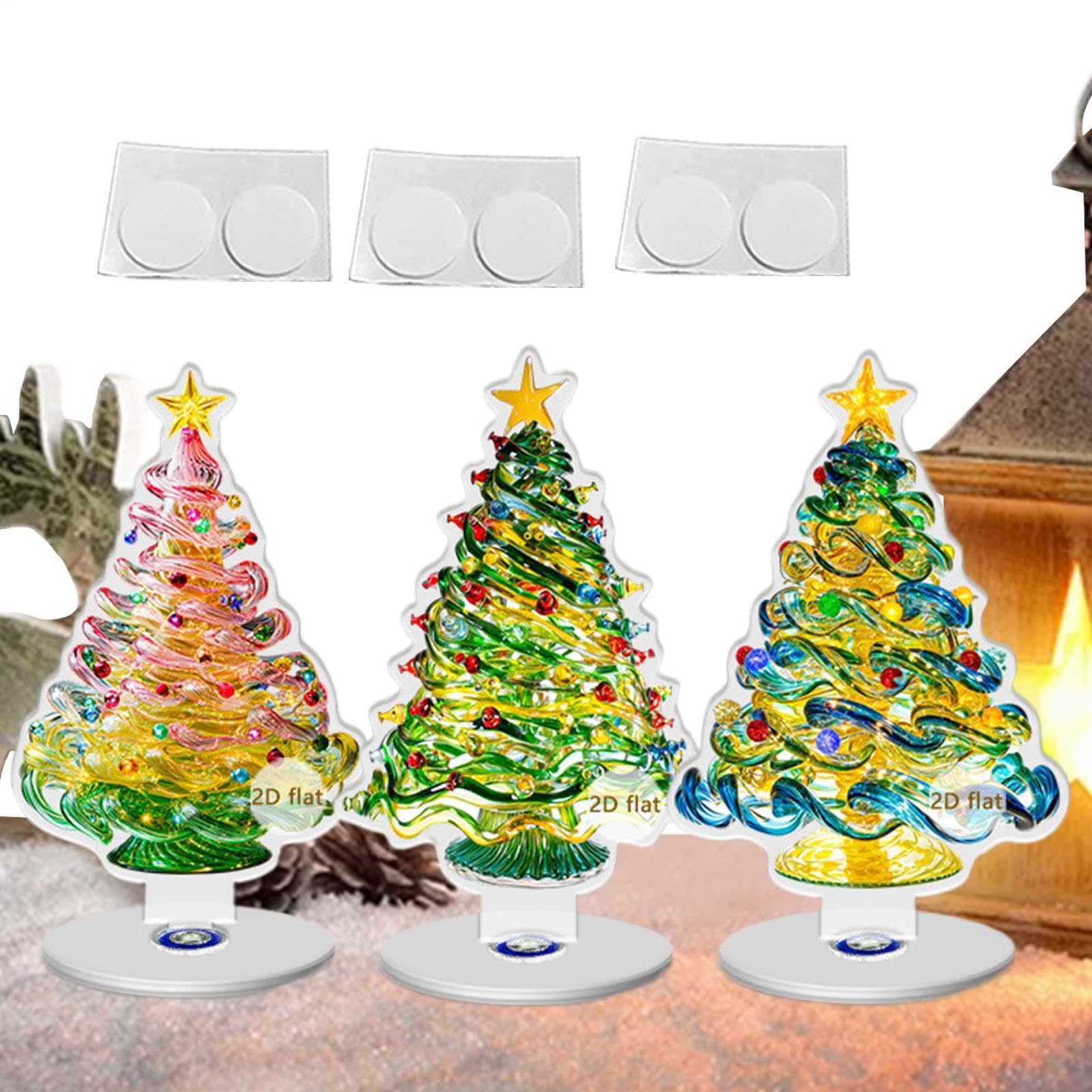 Generisch Weihnachts-Tischdekoration Drehender 2D Acryl Weihnachtsbaum | 3 Stück Feiertags Tischornament für Winter Zuhause Flur Wohnzimmer Schlafzimmer Schreibtisch Bücherregal