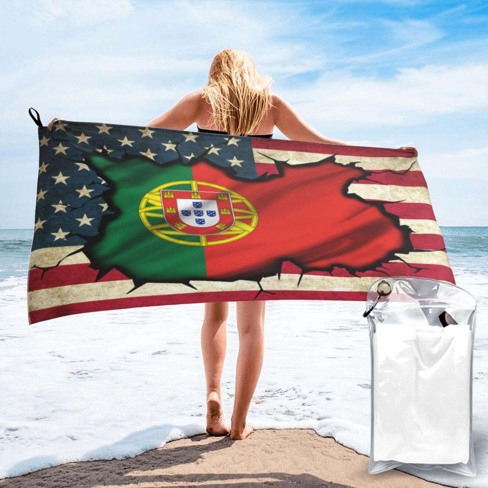 HACXZ Vintage America Flag and Portugal Portuguese Flag Absorbent Beach Towel Microfiber Beach Towel Lightweight 31.5"X63"