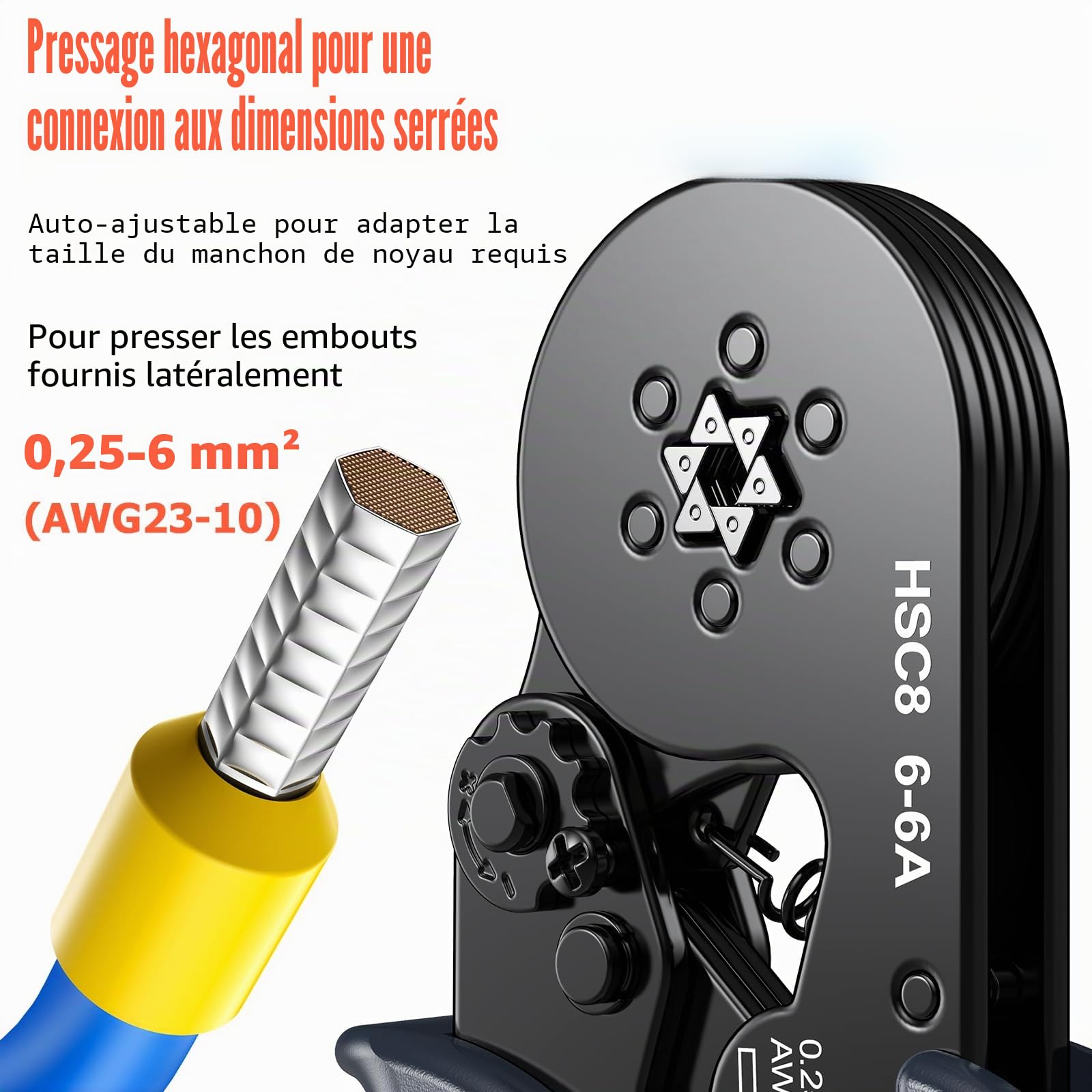 Preciva Pince à Sertir Hexagonale Avec 1900 Embouts de Câble - 0,5 à 6 mm² Pour Câbles Isolés et Non Isolés