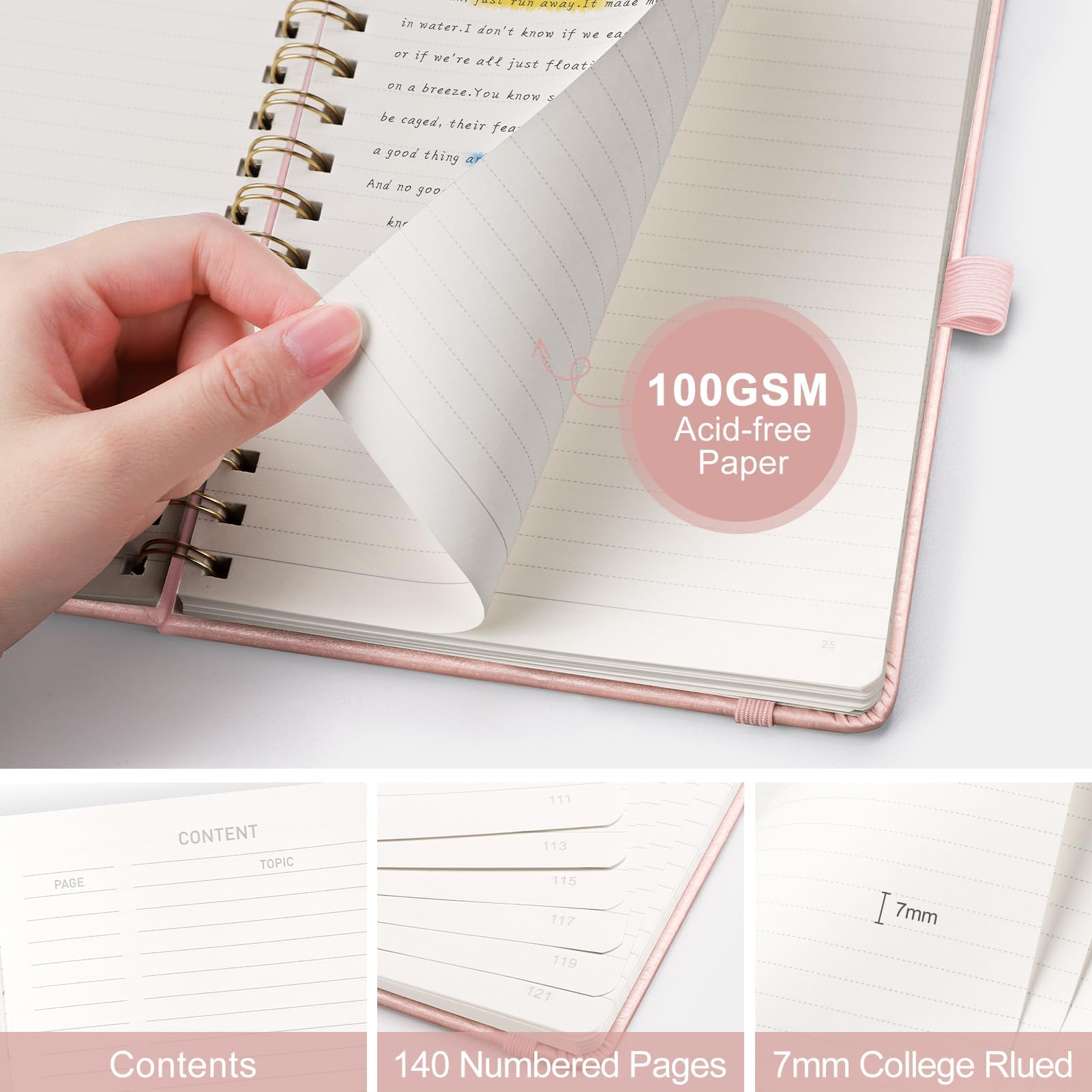EMSHOI A5 Notebook College Ruled, Spiral Notepad, 100gsm, HardCover Leather, Sticky Notes, Pocket, Pen Loop, Ruler, Bookmark - Image 2