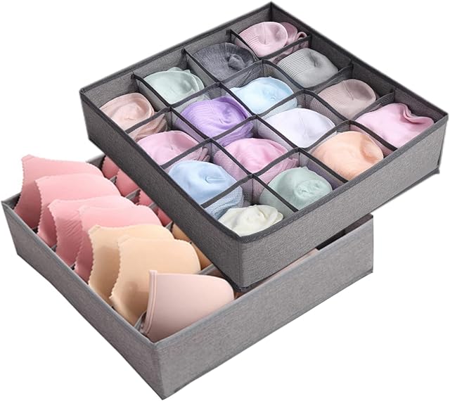 CHARMYOU Underwear Drawer Organiser Foldable Sock Drawer Organiser 2 Pcs underwear storage organiser Dustproof for Bras, Scarves, Ties, Baby Clothes (grey)