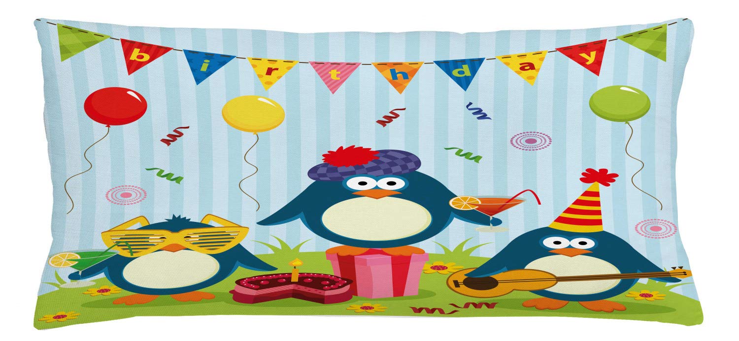 Ambesonne Birthday Throw Pillow Cushion Cover, Cartoon Style Penguin Party with Flags Cakes and Surprise Box Theme, Decorative Rectangle Accent Pillow Case, 36