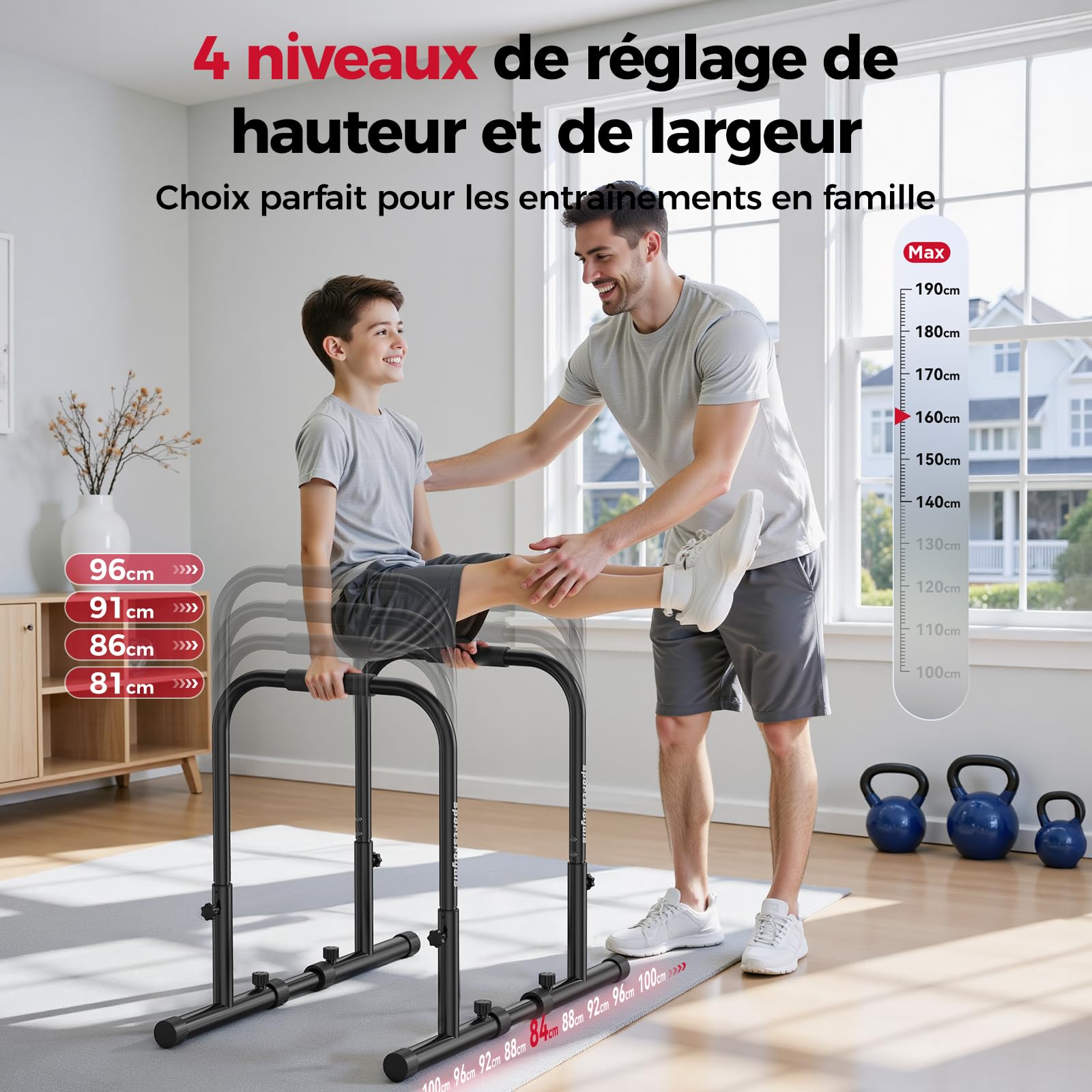 Sportsroyals Barres de Dips Parallèle Musculation Charge 400 kg Sécurité Double Hauteur Réglable 81-96 cm