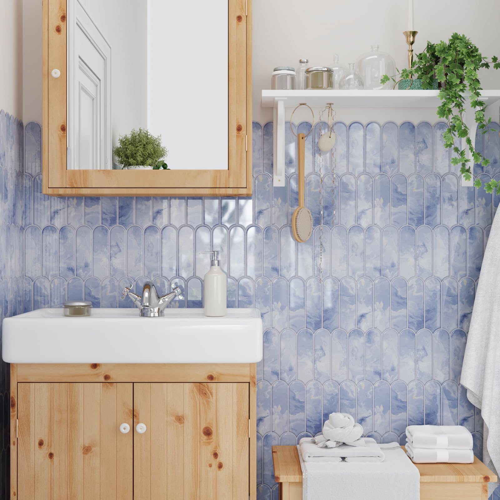 CRE8TIVE 16 Piezas Azulejos Adhesivos Autoadhesivo Azul Claro Cenefa Adhesiva Cocina Azulejos Adhesivos Baño Marmol Impermeable Baldosas Adhesivas Pared Forma de Abanico Largo Chimenea 30.5cm x 30.5cm