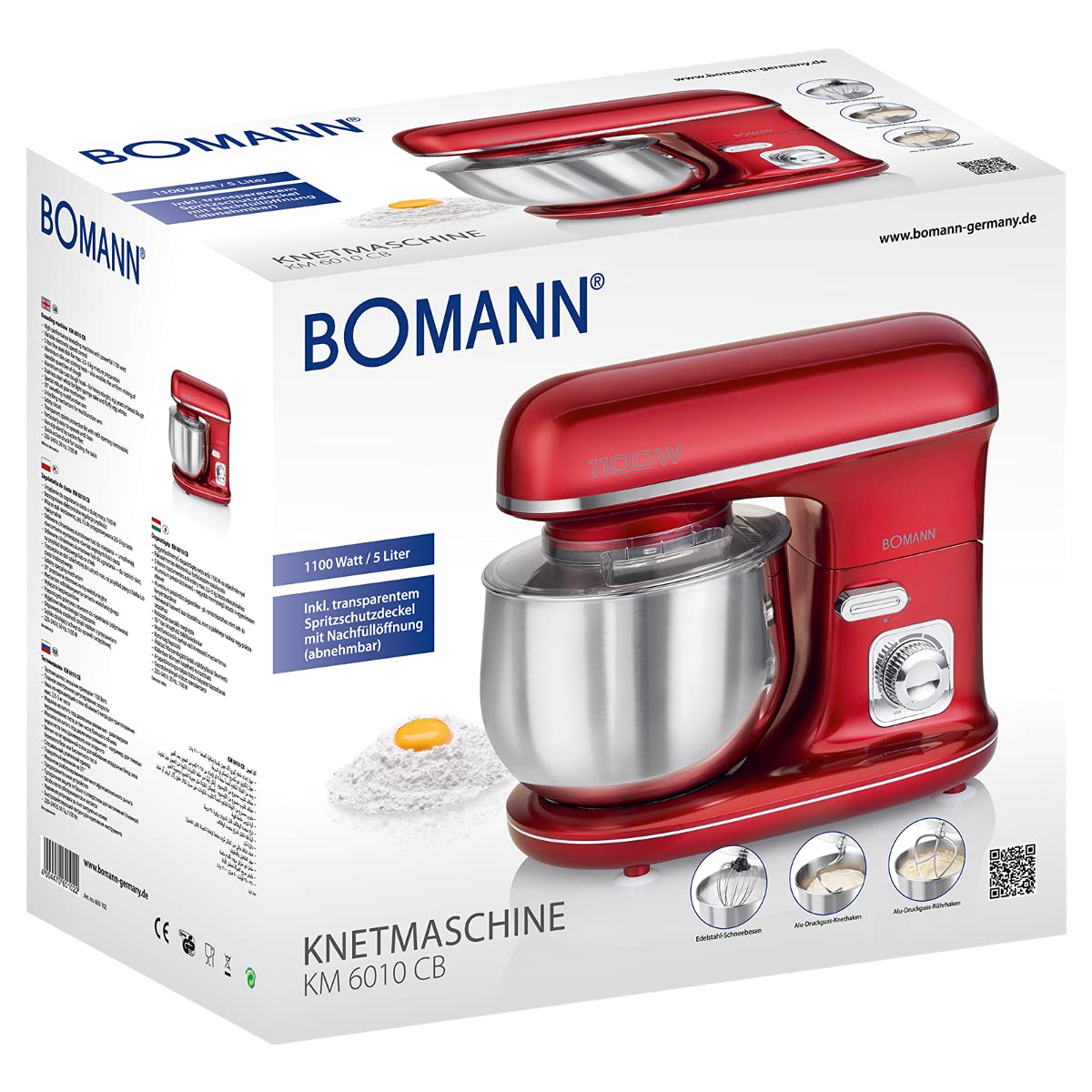 Robot de repostería - Amasadora de pan - Robot amasador - Robot de repostería profesional - Robot multifunción Bomann KM6010CB Robot amasador 1100 Watts Batidora/Amasadora/Batidora 5 Litros Rojo