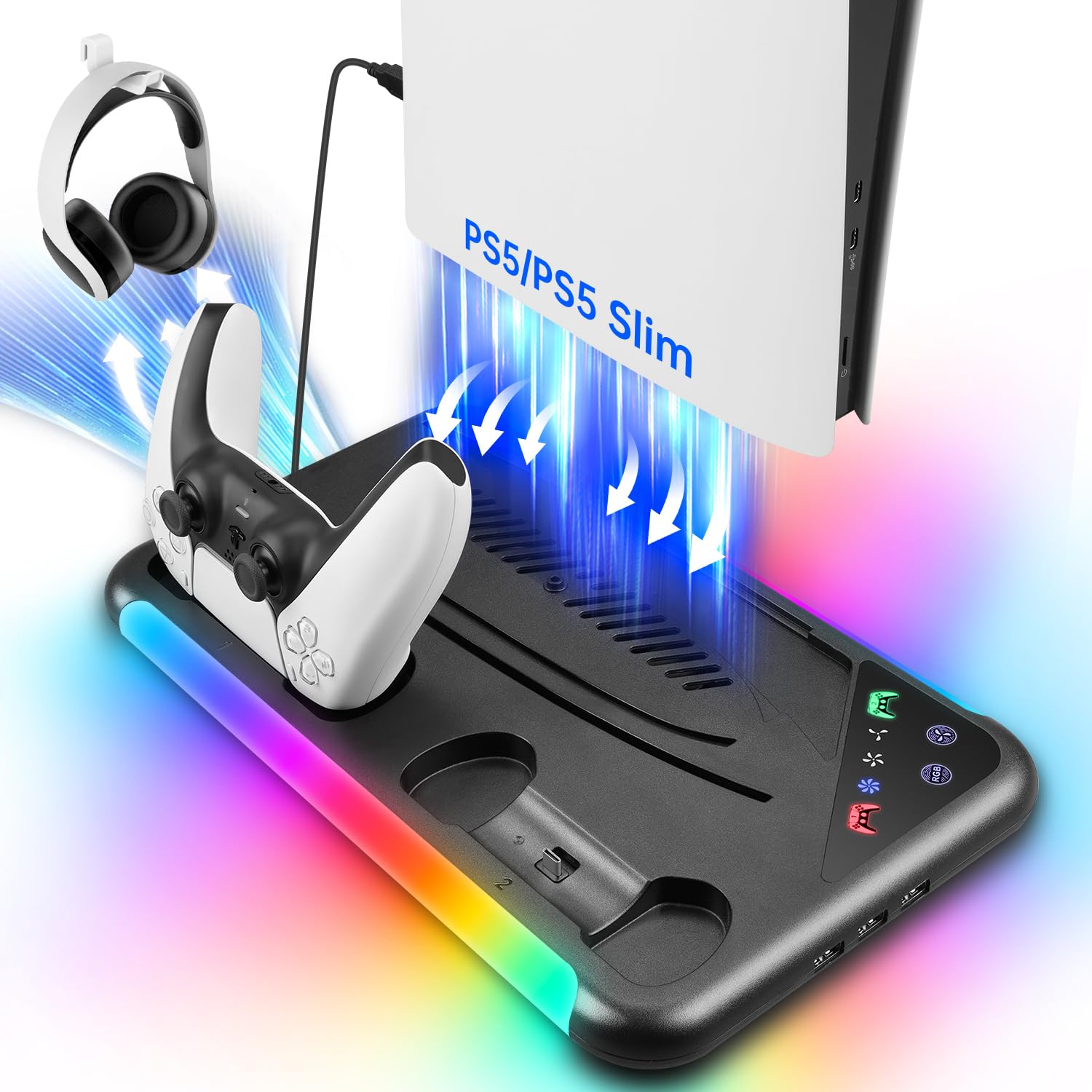 TECTINTER for PS5 Slim/PS5 Stand and Cooling Station,3-Level Cooling Station and 8 RGB LED with Charger for PS5&Edge Controller,PS5 Cooling station Design for PS5 Slim Disc&Digital /PS5 Disc & Digital