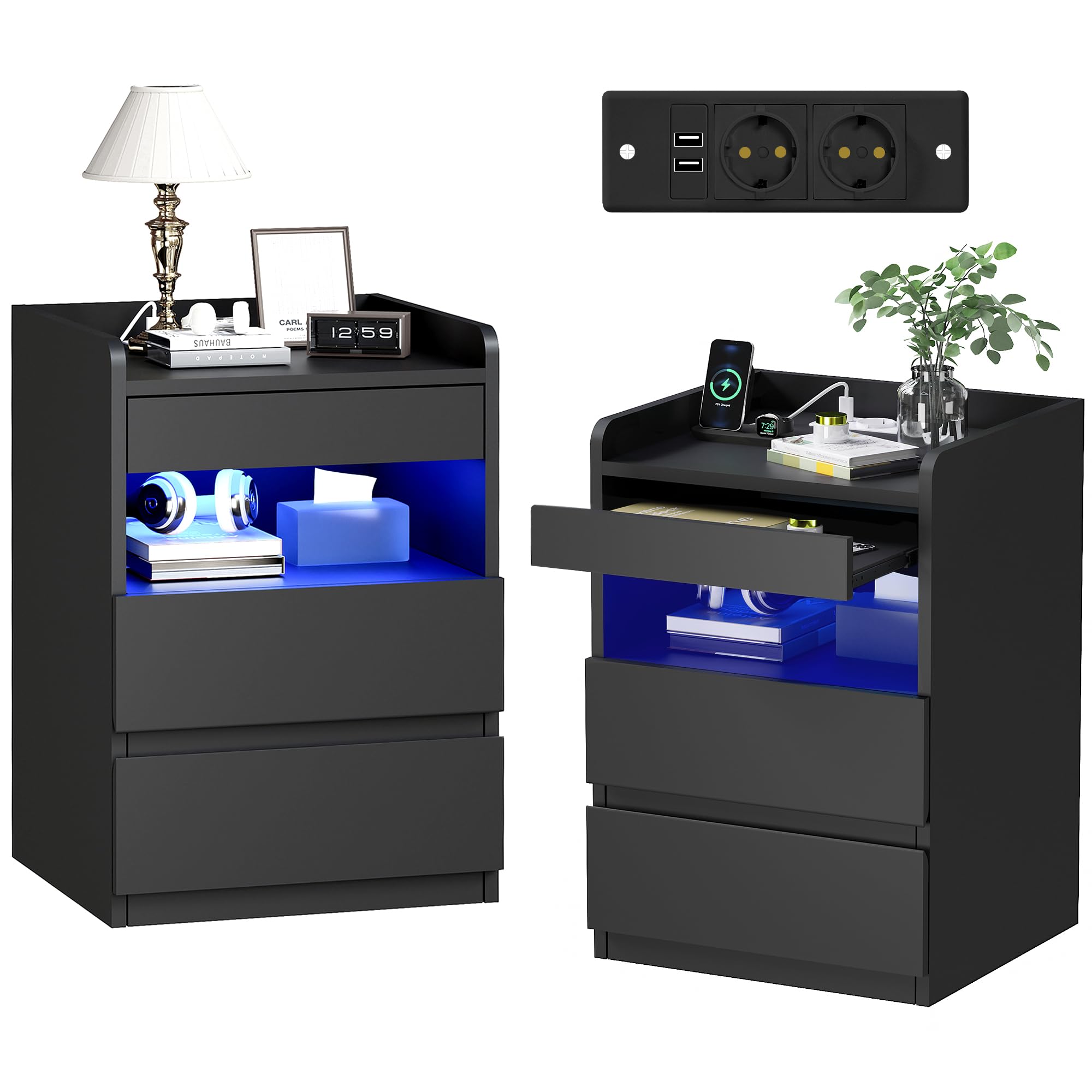 BEWISHOME Set di 2 Comodino,con Scomparto Nascosto(2 Cassetti),Comodino con presa,Semplice e Versatile,con Funzione di Ricarica,per Soggiorno,Camera da letto (Nero) EFCG02B