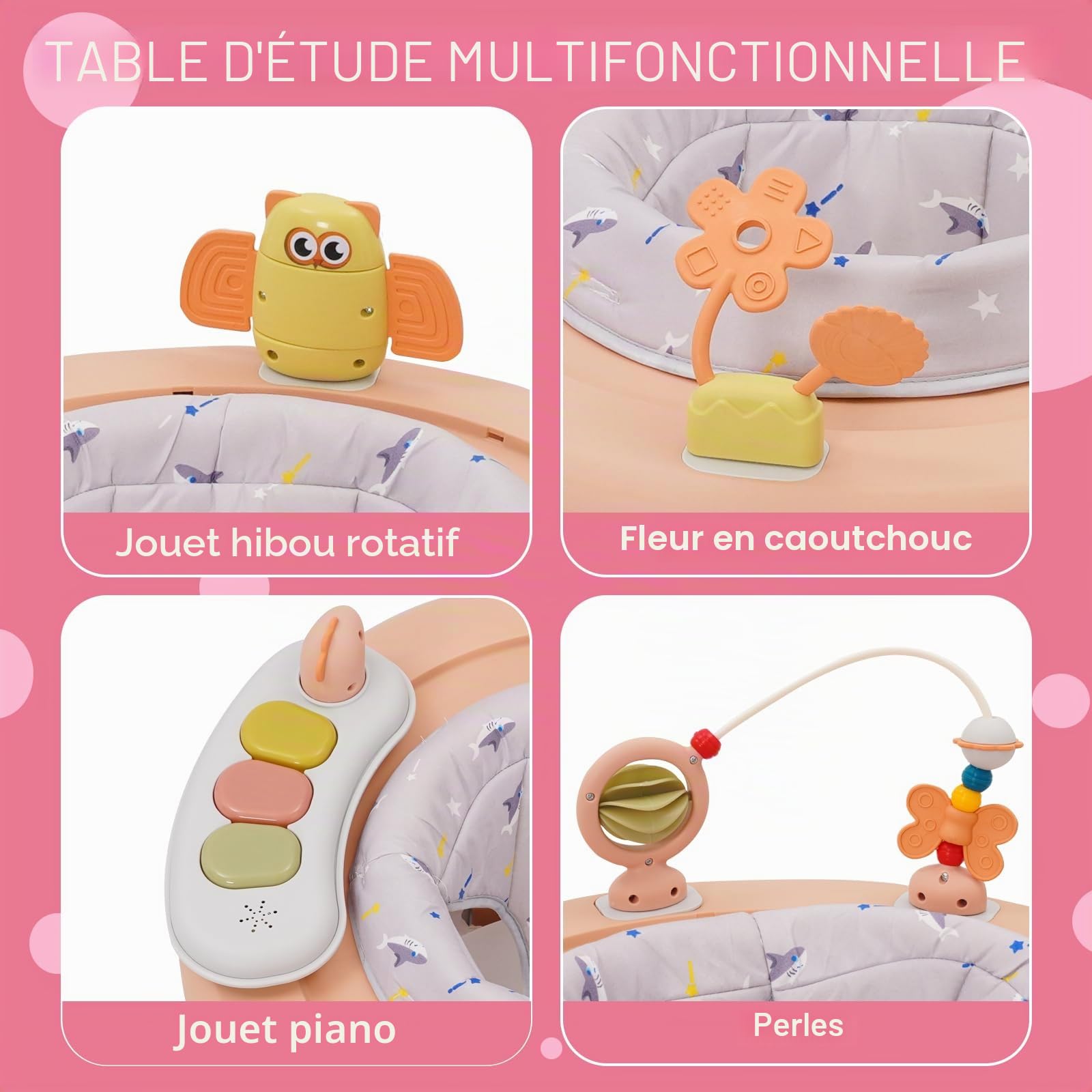 Bébé Trotteur 3 en 1(mode Marcheur, Table d'étude, Sauteur), Réglage de la hauteur sur 5 Niveaux, Design anti-O-Legs,Roues Silencieuses à 360°–Convient aux Filles à partir de 6 Mois Rose