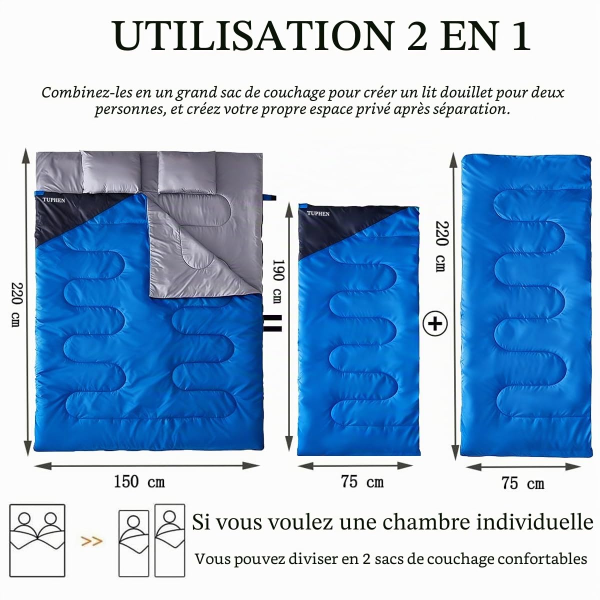 Sac de Couchage – Sac de Couchage 3 à 4 Saisons pour Adultes, Enfants, Filles, garçons, pour randonnée, Temps Froid et Chaud, léger (Bleu Gris, Double 220 x 150 cm)