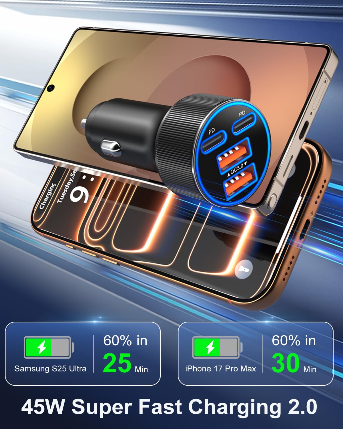 Ładowarka samochodowa USB C, ulepszona ładowarka samochodowa 90 W, 4-portowa, podwójna 12 V, USB-C i USB-A, wieloportowa ładowarka do telefonu QC 3.0/PD45W, super szybkie ładowanie, adapter do