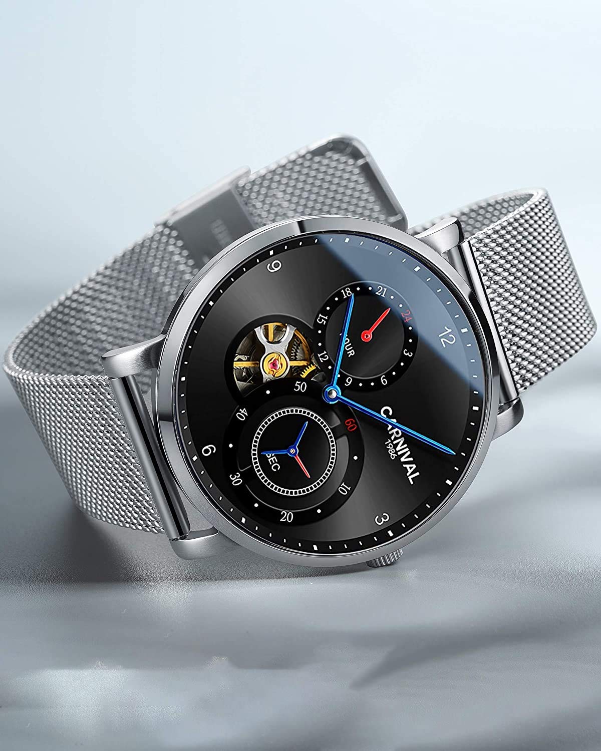 Reloj de pulsera mecánico para hombre, resistente al agua, Tourbillon, correa de malla de acero, reloj de zafiro