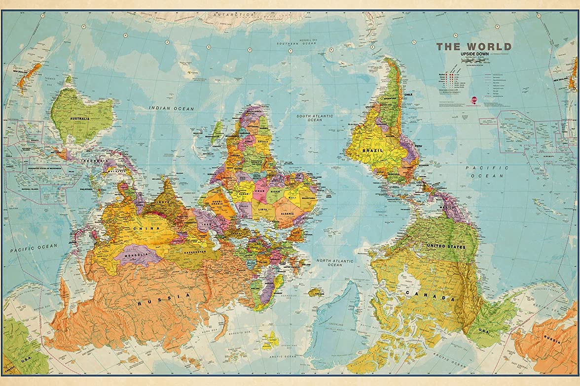 24"x39" Upside Down Political World Map. Heavyweight Photo Paper Poster, Rare maps.