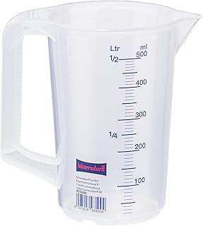 hünersdorff Messbecher 0,5l | Polypropylen (PP) | bruchsicher und spülmaschinengeeignet | geschlossener Griff | blaue Skala, Transparent+blau