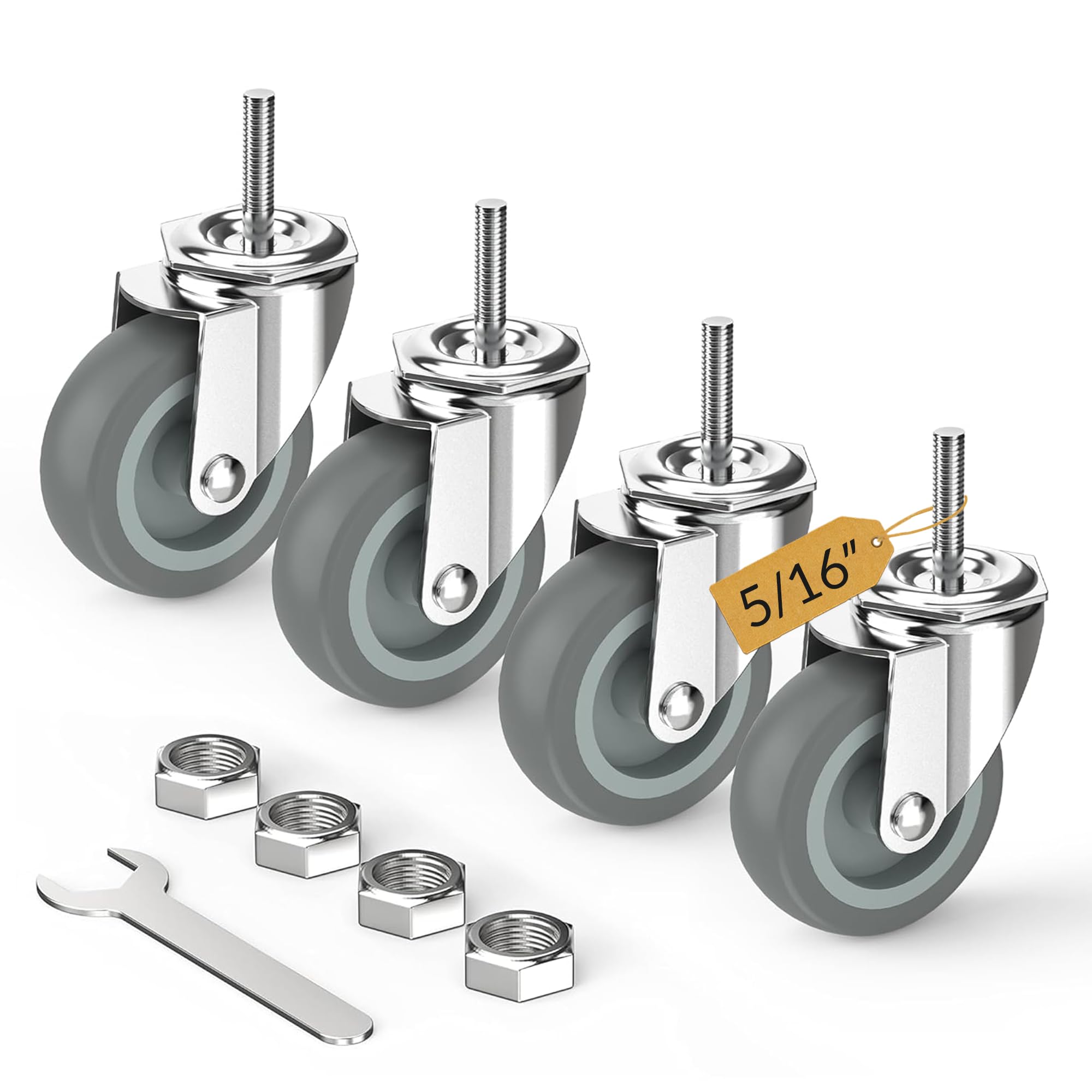 HOLKIE Caster Wheels 3 inch with No Brake Stem Casters, 5/16" -18 x 1-1/2" (Stem Diameter 5/16", Stem Length 1-1/2") Threaded Swivel Casters Set of 4 Heavy Duty Castors Grey