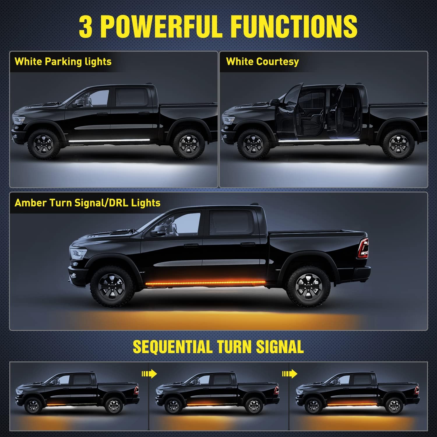 Nilight Truck LED Running Board Lights 2PCS 60 Inch LED Side Maker Light with White Courtesy Light & Sequential Amber Turn Signal Light LED Lighting Strips Running Lights Kit for Trucks Pickup SUV