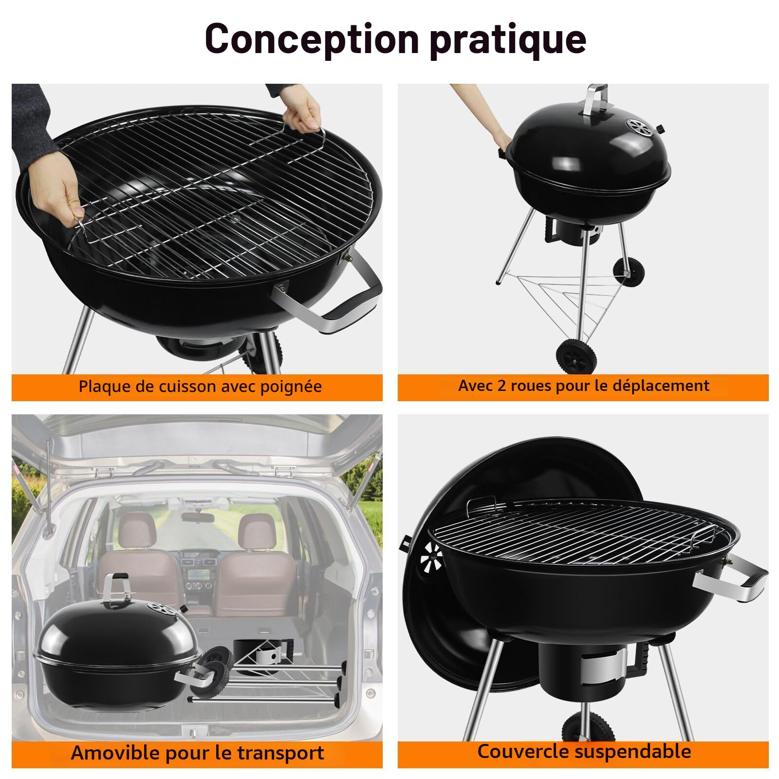 Barbecue Charbon Rond avec Couvercle et Roues - Grande taille | BBQ Portable, Pour Jardin Camping Balcon