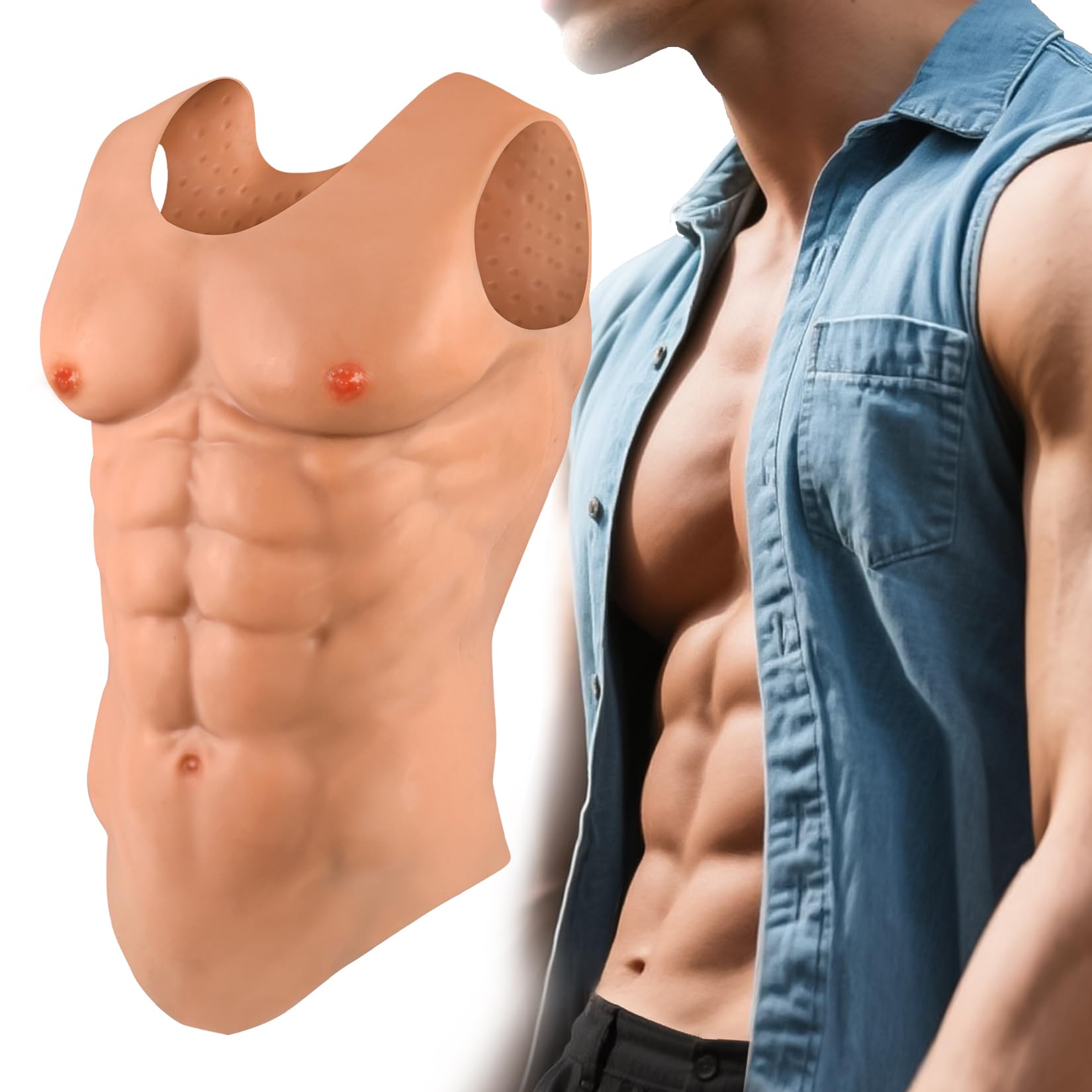 YEEFAIRY Weighted Muscle Suit Vest Realistic Silicone Fake Abs Chest Armour Unisex Bodybuilding Fancy Dress Costume for Theatre Actor Halloween Men & Women LARP Cosplay (Bronze, M Size)