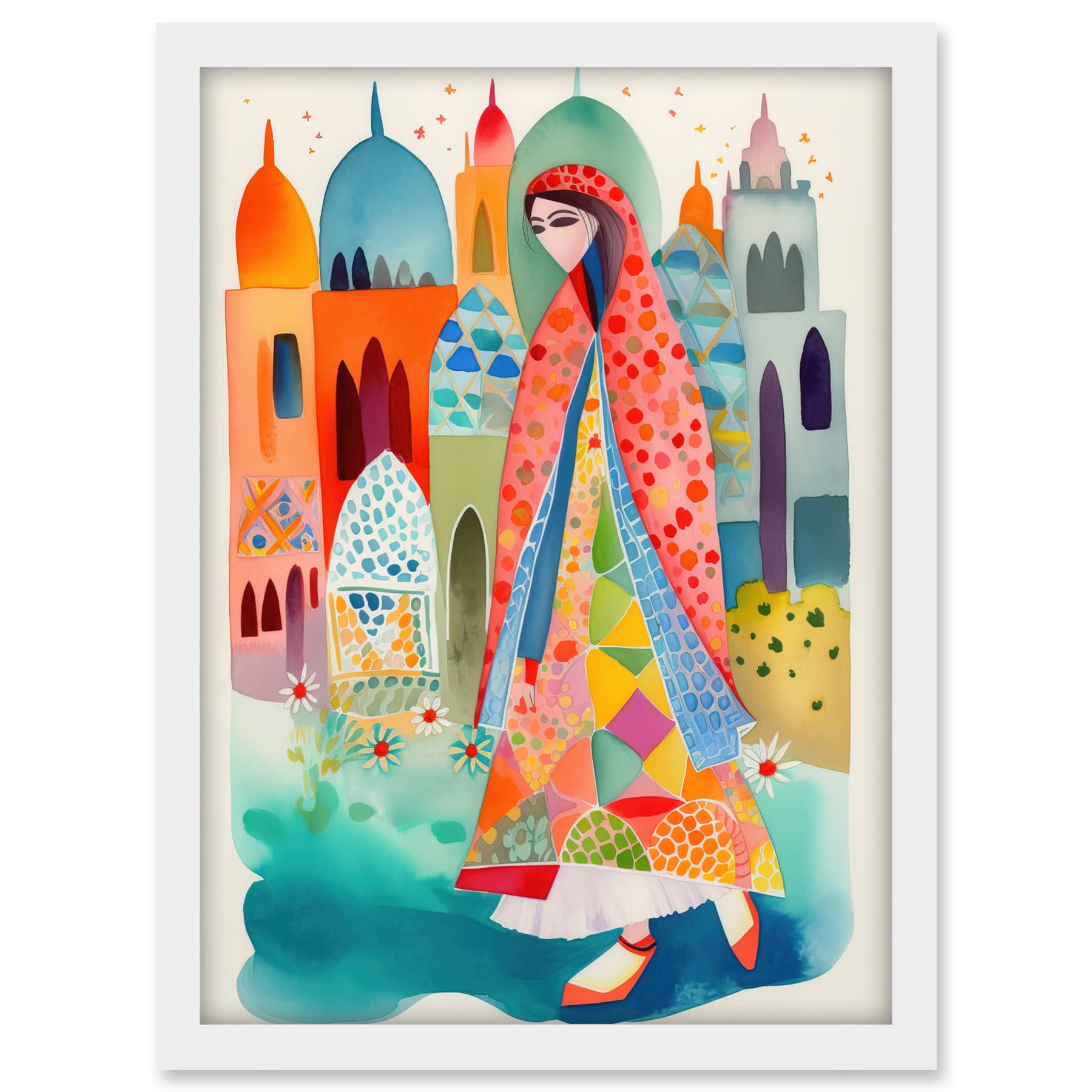 Artery8 Hijab Muslim Woman with Buildings Folk Art Artwork Framed A3 Wall Art Print