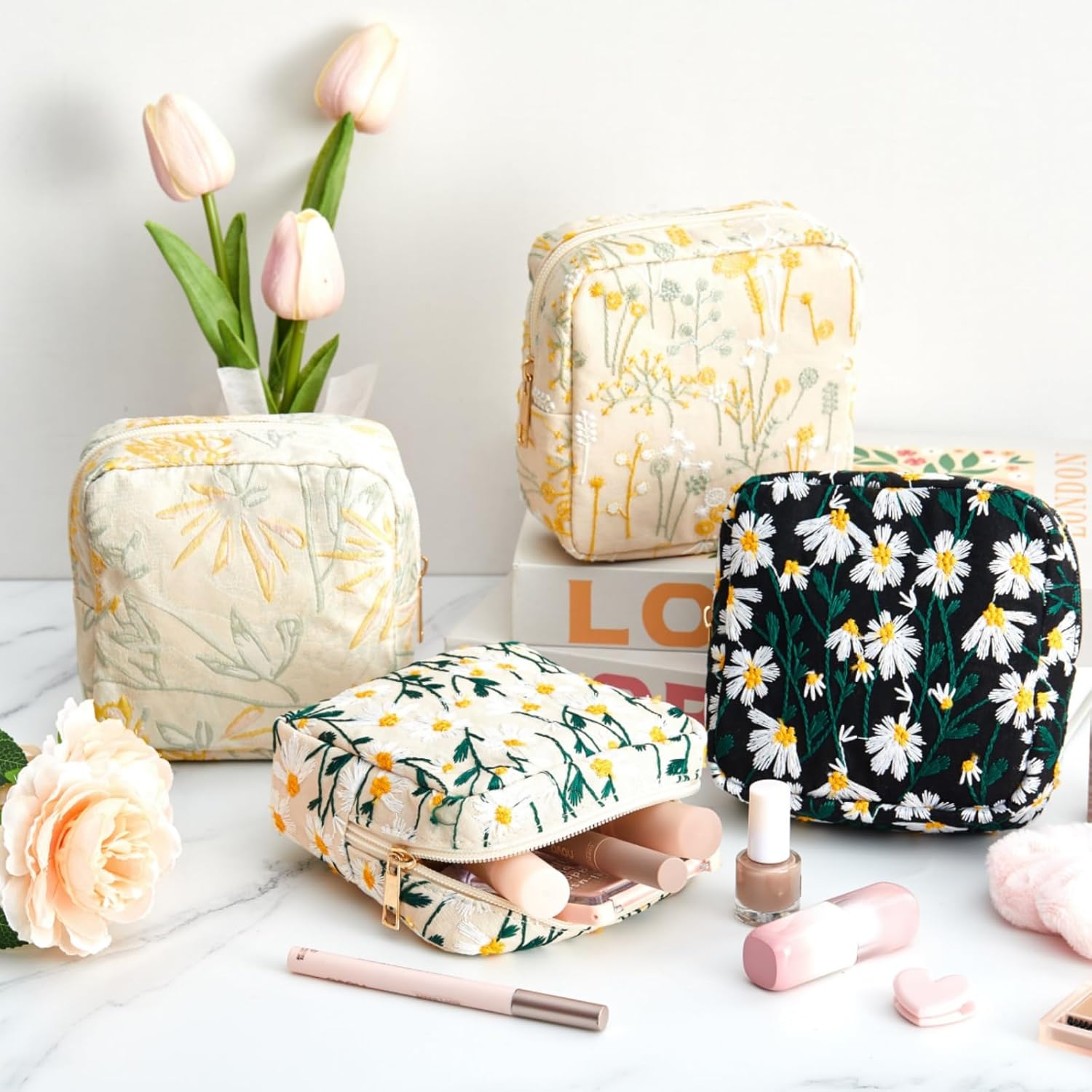 Abbylike 4 Pcs Floral Makeup Bag Cosmetic Bag with Zipper Portable Small Pouches for Purse Toiletry Mini Pouch Cute Mini Makeup Purse for Coin Essentials Items Women (Daisy) - Image 4