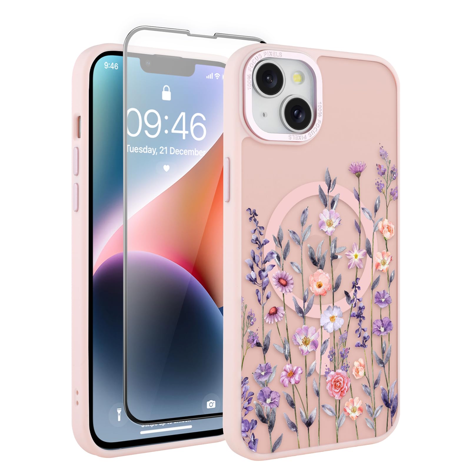 Fsoole Magnetic for iPhone 14 Case 6.1" with Screen Protector [Compatible with MagSafe] Pretty Flower Floral Pattern Design, Shockproof Slim Cover for