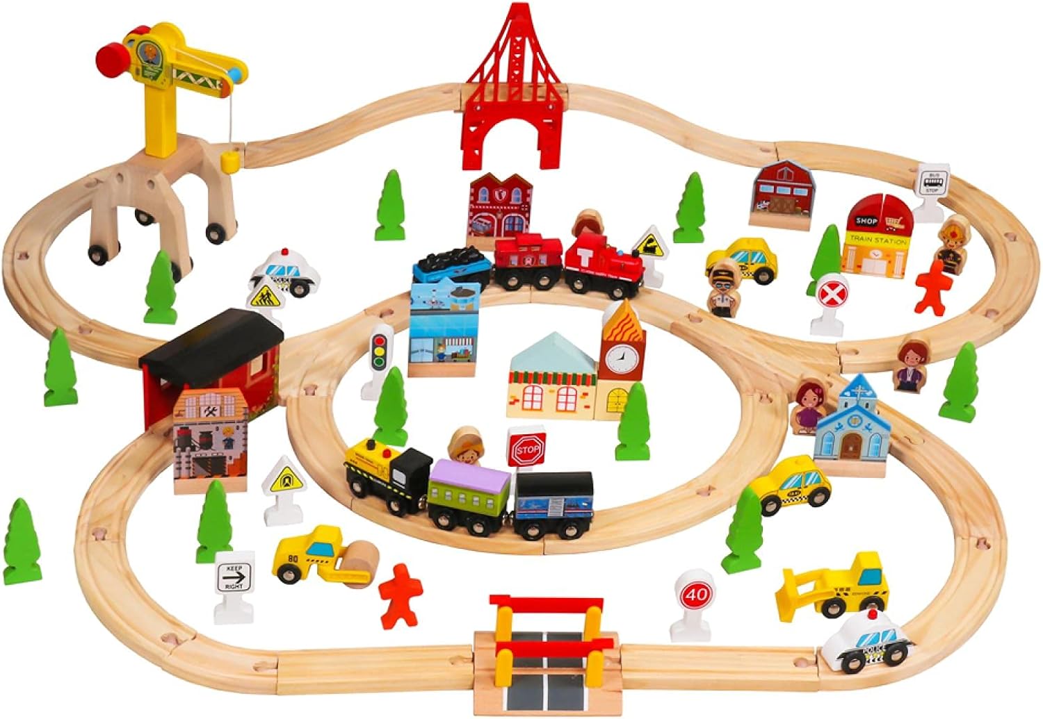 Wooden Train Set 100pcs - Wood Train Set for Boys & Girls with Crane - Wood Tracks Train Track Set Wooden Railway - Toy Toddler Train Set Boys Train Set 3+