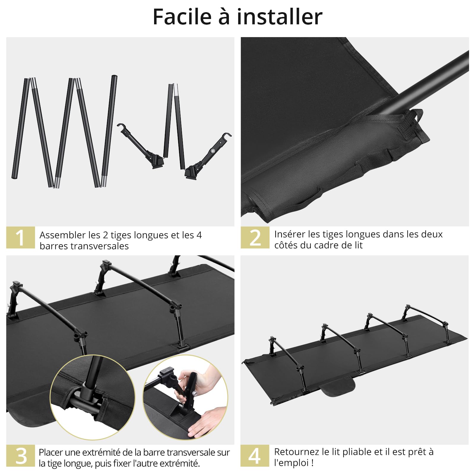 Anbte Lit de Camp Pliable 1 Personne 191×70×20 cm, Montage Facile avec Pince Latérale, Lit de Camping Portable avec Sac, Charge 125 kg, pour Camping, Plage, Jardin