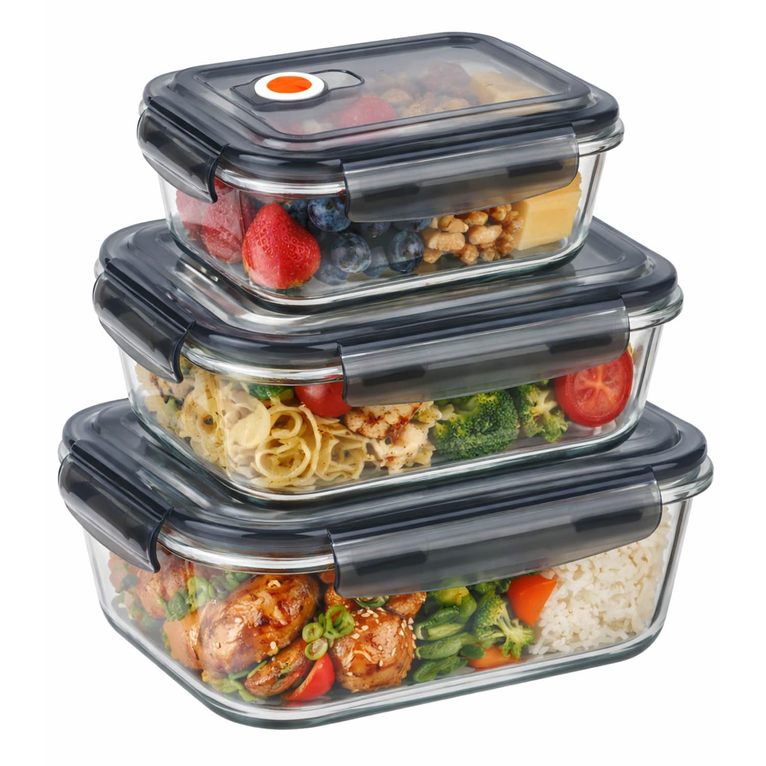 UHL Glass Meal Prep Containers with Lids, 3-Piece Airtight Glass Food Storage Container Set, Leak Proof Plastic Vented Lid, Bento Takeaway Lunch Boxes, Microwave / Oven / Freezer / Dishwasher Safe