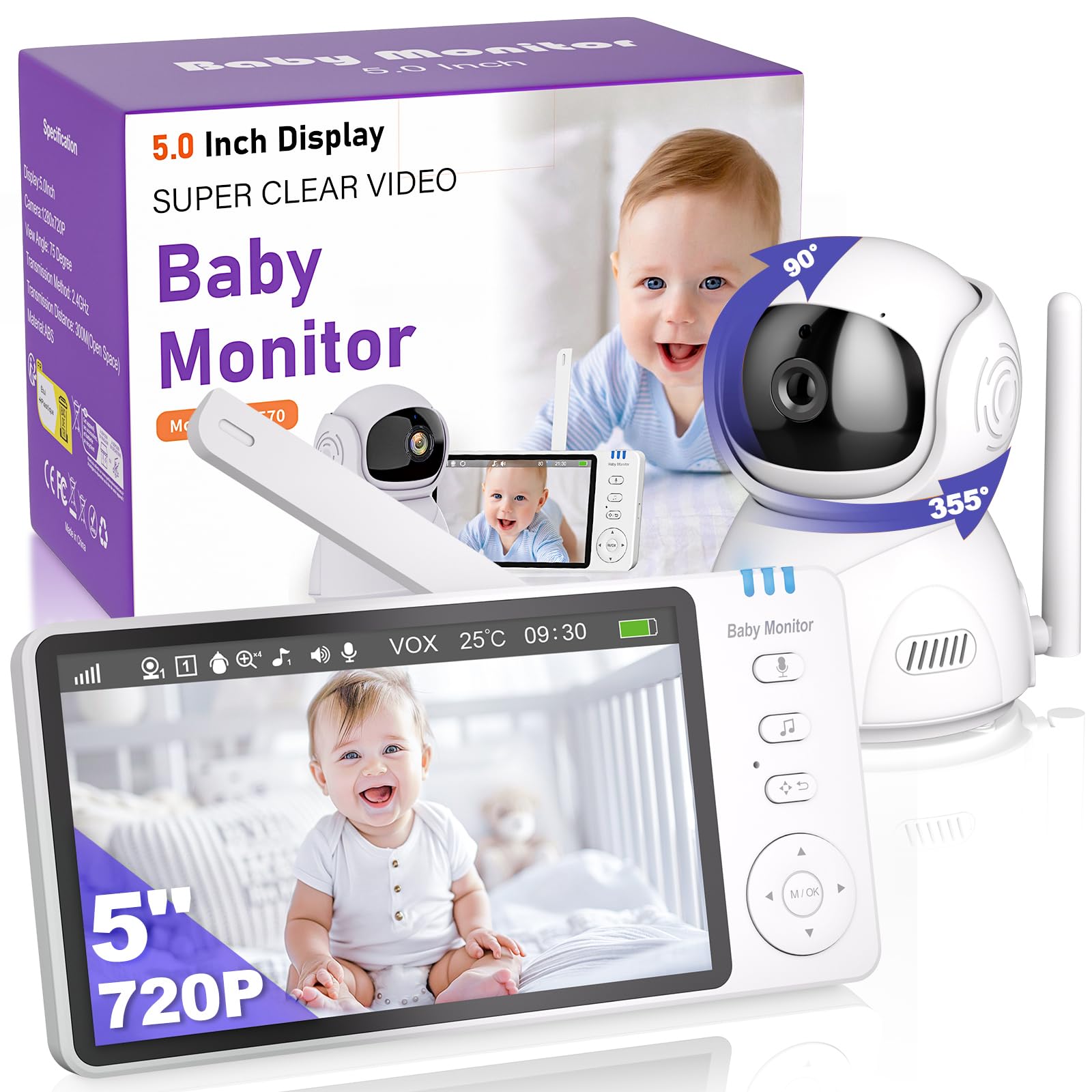 BURNNOVE Babyphone Camera sans WiFi 5 Pouces 720P IPS Pan-Tilt VOX | Vision nocturne, caméra orientable 355°/90°, zoom 2X/4X, audio bidirectionnel, température, 8 berceuses, 5 rappels