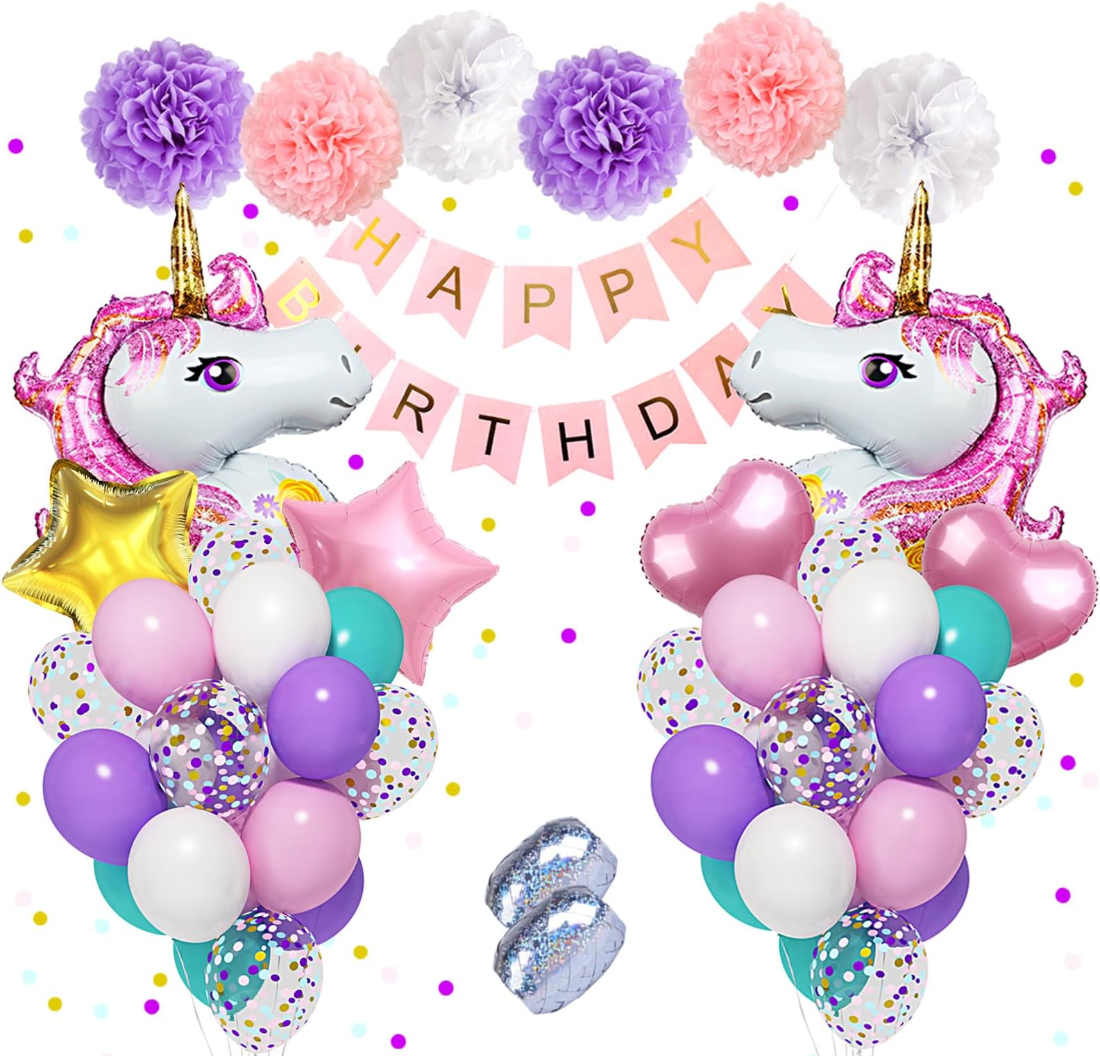 Amandir Unicorn Birthday Decorations for Girls, Large Unicorn Balloons Purple Pink Balloons Latex Confetti Balloons Happy Birthday Banner Paper Flowers for Unicorn Birthday Party Supplies &2 Ribbons