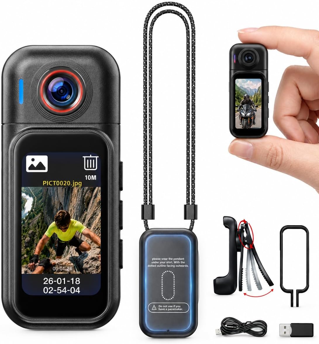 JETO Mini Wearable Body Camera 1080P, Magnetic Pendant, Touch Screen, WiFi App, 64GB