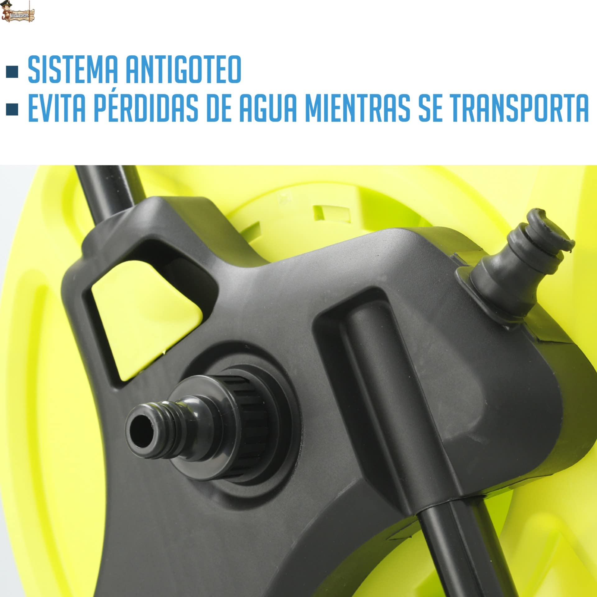 BricoLoco.com Mulinello Supporto Tubo da giardino o irrigazione con avvolgitore fino a 25 metri Raccogli tubi Acqua arrotolabili Carrello porta maniglione con ruote, presa rapida e antigoccia.