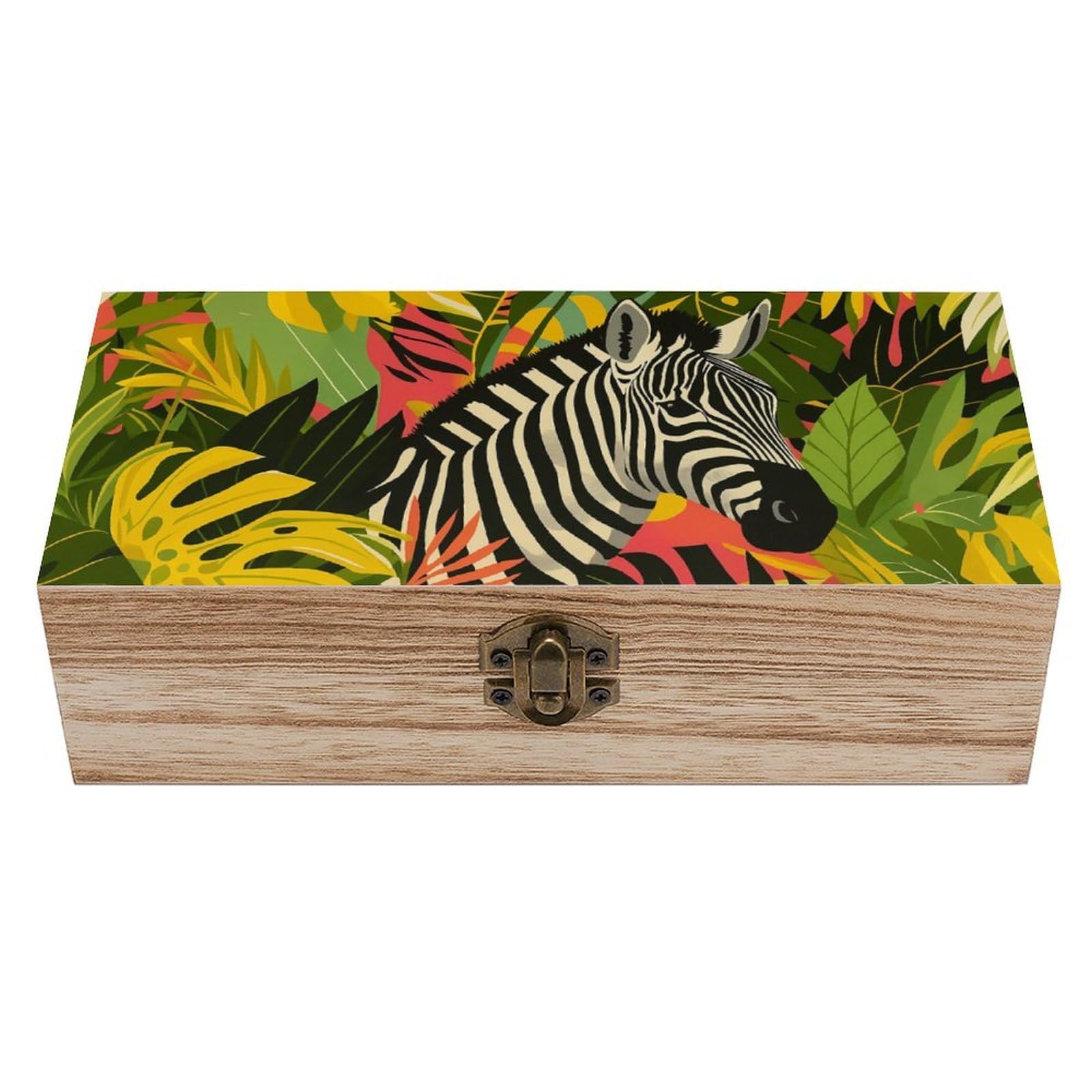 Oudrspo Zebra And Leaf Retro Wooden Storage Box Keepsake Jewelry Decorative Art Storages Box Gift Boxs