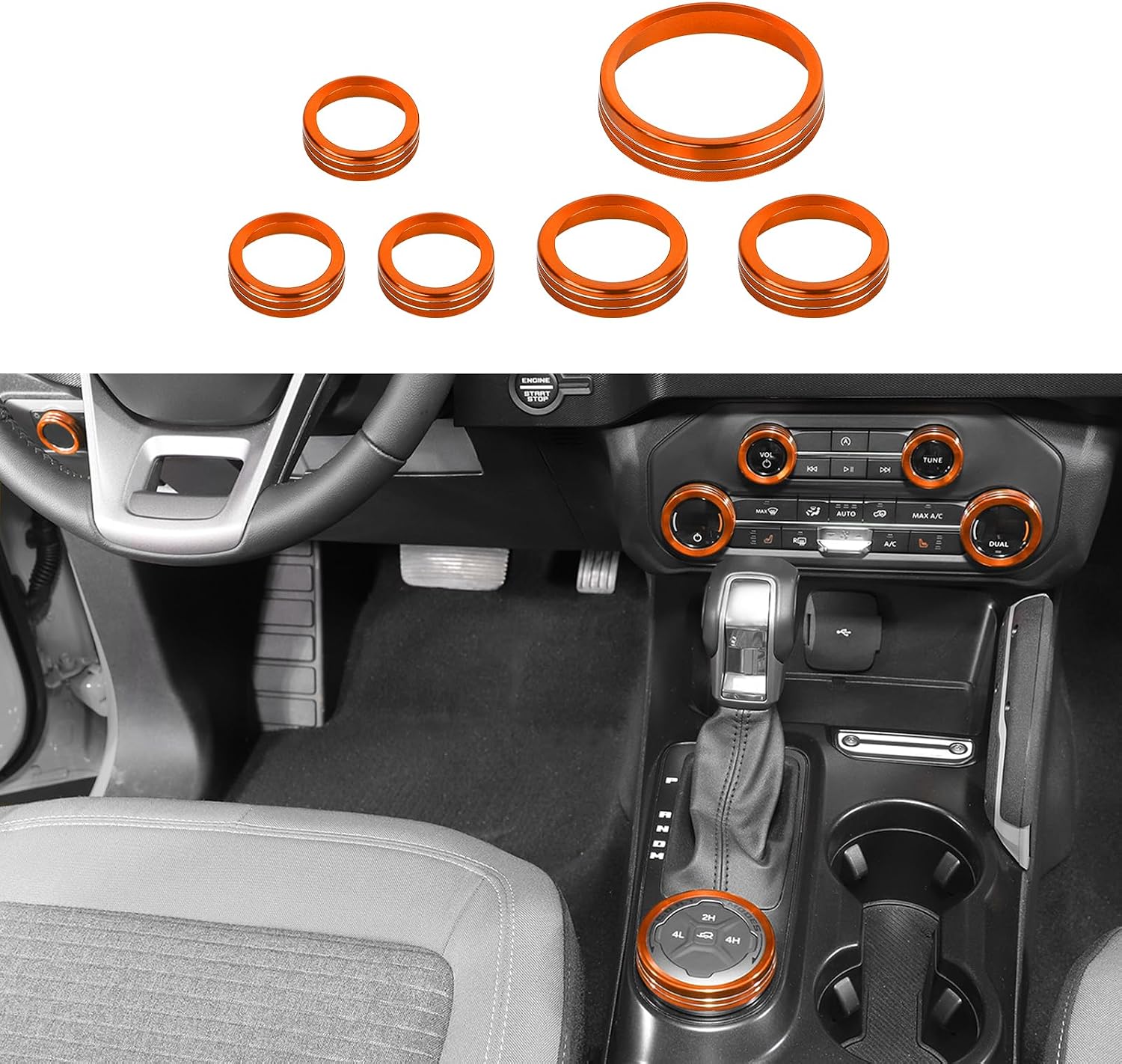 CheroCar Aluminum Alloy AC & Headlight Switch Knob Covers with Air Vent Trim Rings, Interior Dash Decor Set for 2021-2026 Ford Bronco,6PCS Orange