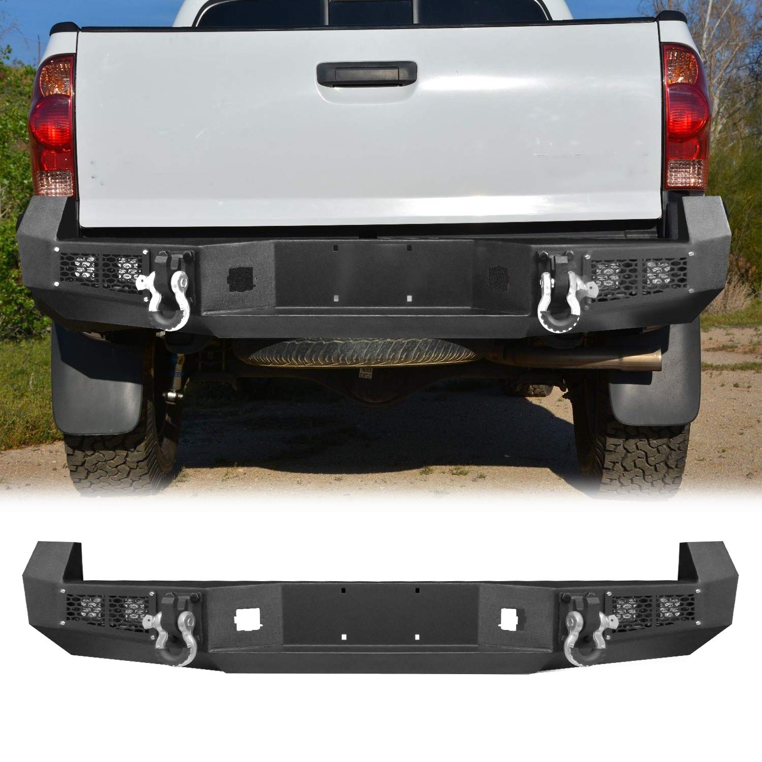 Rear Bumper for Tacoma, FIRSTGO Rear Bumper with Winch Bracket with 4 LED Light Pods and 2PCS 4.75'' T D-Ring, Compatible with 2005-2015 Tacoma