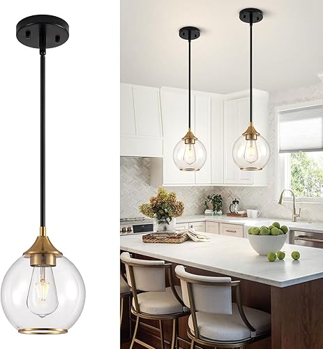 Miniatura 10 de Luces colgantes para isla de cocina, lámpara colgante dorada de granja con pantalla de globo de vidrio transparente, lámpara colgante de vidrio de