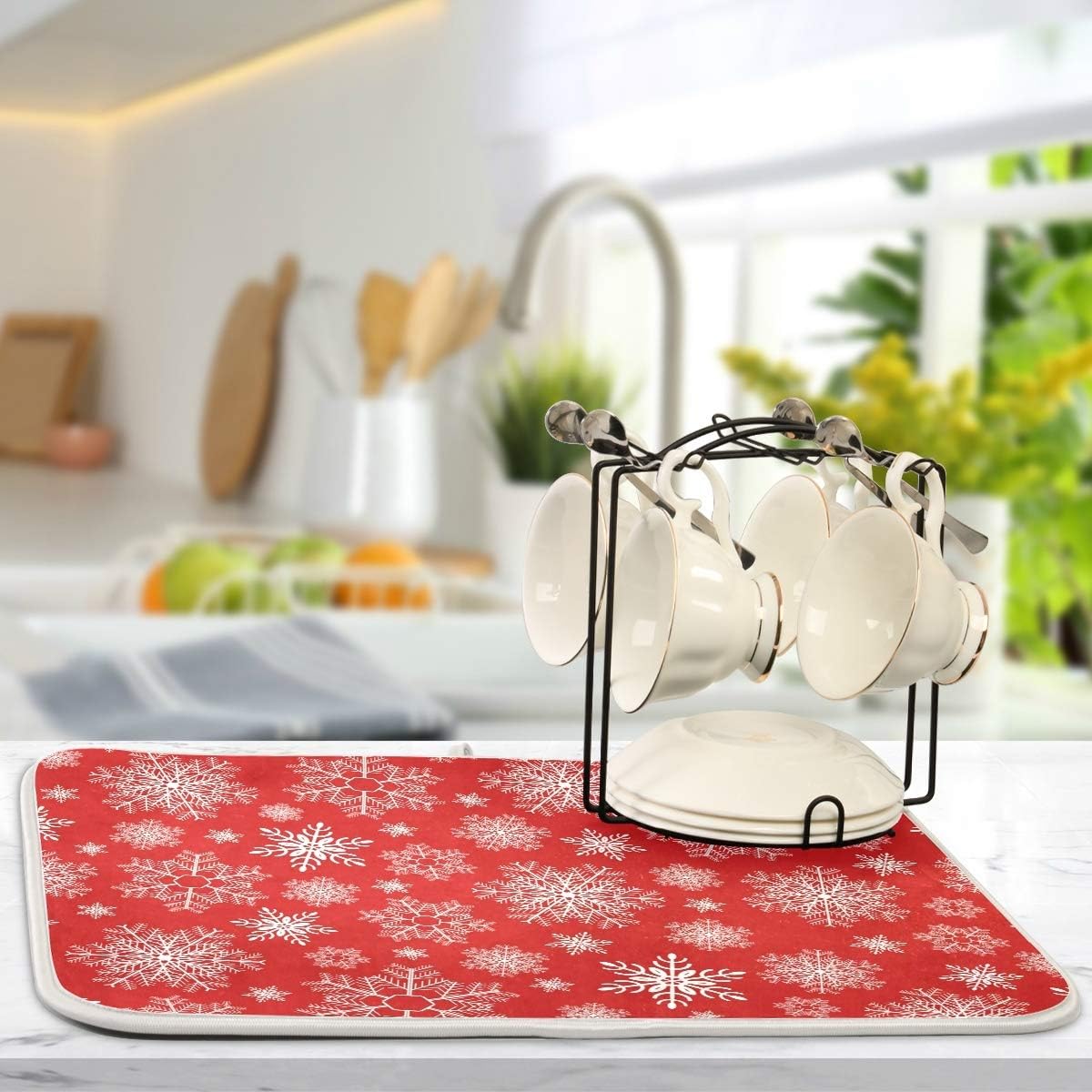 Christmas Snowflake Red Dish Drying Mat 16x18 for Kitchen Winter Xmas Tree Snowman Plaid Dishes Pad Dish Drainer Rack Mats Absorbent Fast Dry Kitchen Accessories