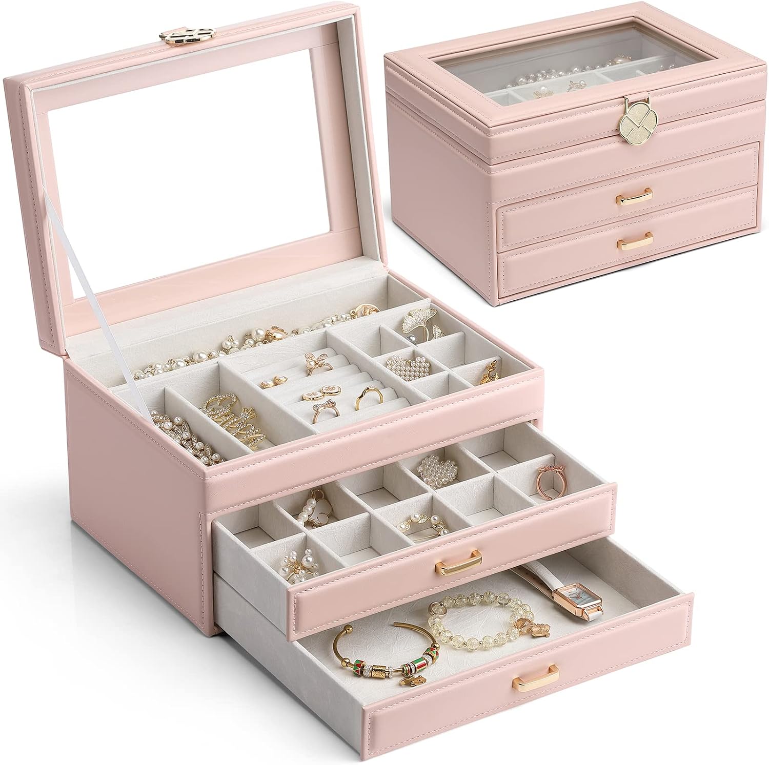 Vlando Jewelry Box for Women Girls, Large-Capacity Jewelry Organizer Boxes Clead Lid Jewellry Storage Box for Earrings, Necklace, Bracelet (Pink, clear lid)