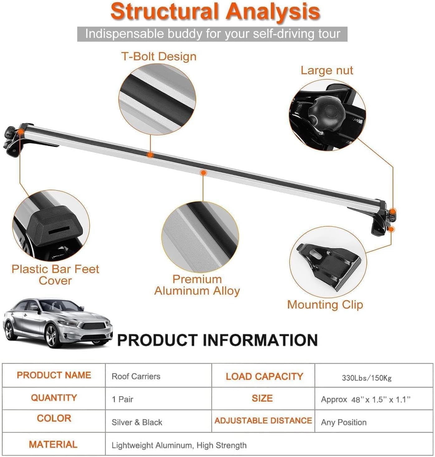 Universal Roof Rack Cross Bars - 48" Adjustable Aluminum Alloy Car Roof Rails For Cargo, Bike, Kayak (165 Lbs Capacity)