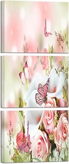 iKNOW FOTO Pink Flowers with Butterfly 3 Panels Stretched Canvas Prints Wooden F - Compare price